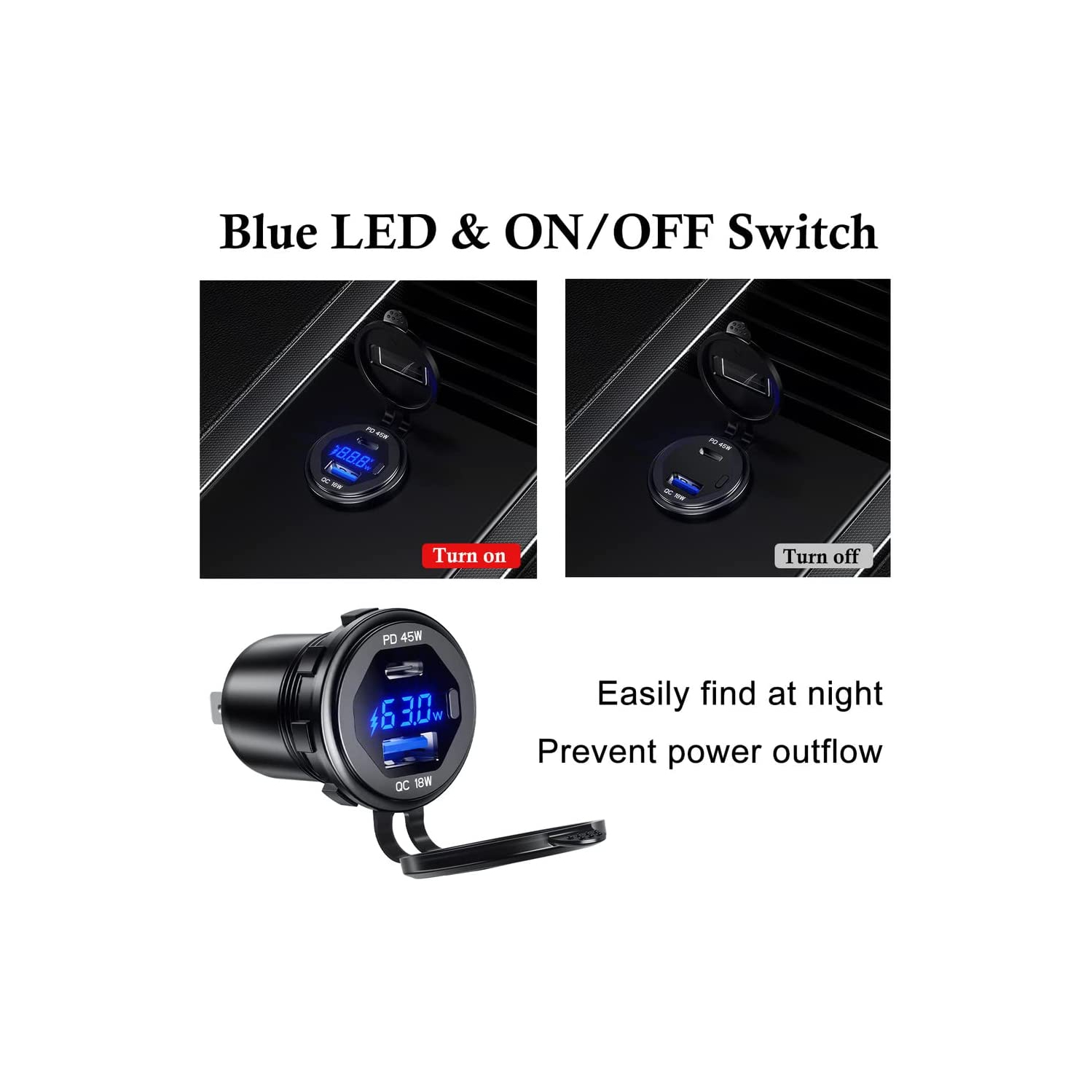 USB C Car Charger Socket 12V/24V USB Outlet, 45W PD Type C & 18W QC 3.0 Car Dual USB Port with LED Voltmeter & Button Switch DIY Car Socket for Car