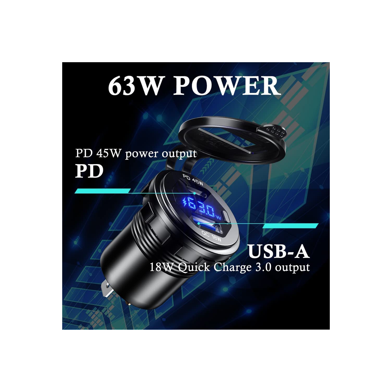 USB C Car Charger Socket 12V/24V USB Outlet, 45W PD Type C & 18W QC 3.0 Car Dual USB Port with LED Voltmeter & Button Switch DIY Car Socket for Car