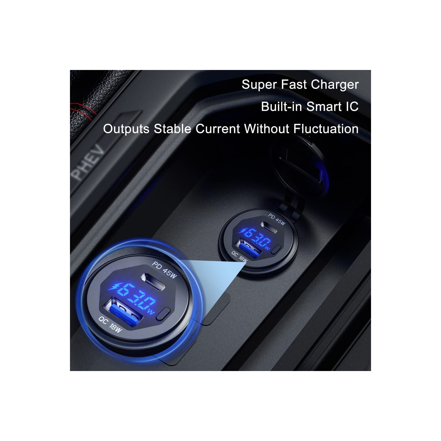 USB C Car Charger Socket 12V/24V USB Outlet, 45W PD Type C & 18W QC 3.0 Car Dual USB Port with LED Voltmeter & Button Switch DIY Car Socket for Car