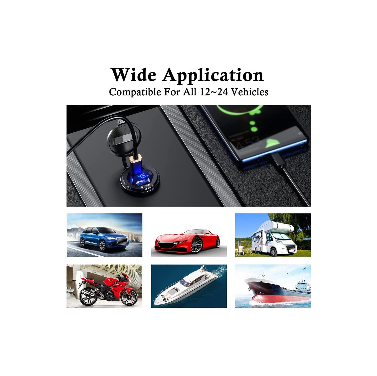 USB C Car Charger Socket 12V/24V USB Outlet, 45W PD Type C & 18W QC 3.0 Car Dual USB Port with LED Voltmeter & Button Switch DIY Car Socket for Car