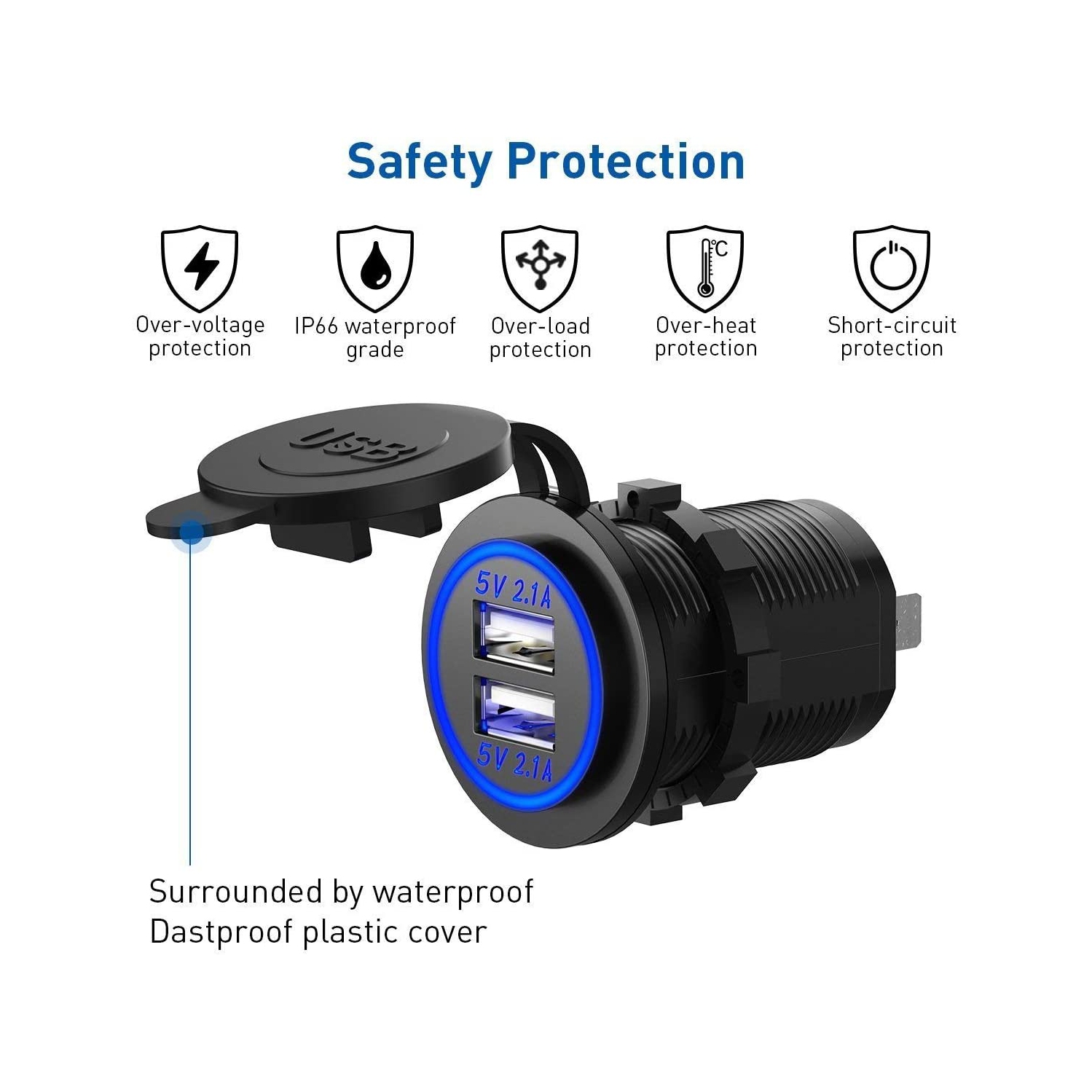 Dual USB Charger Socket, 12V 4.2A Car Charger Power Outlet with Blue LED Display, Waterproof USB Car Socket Dual Charging Ports for Most 12-24V Car