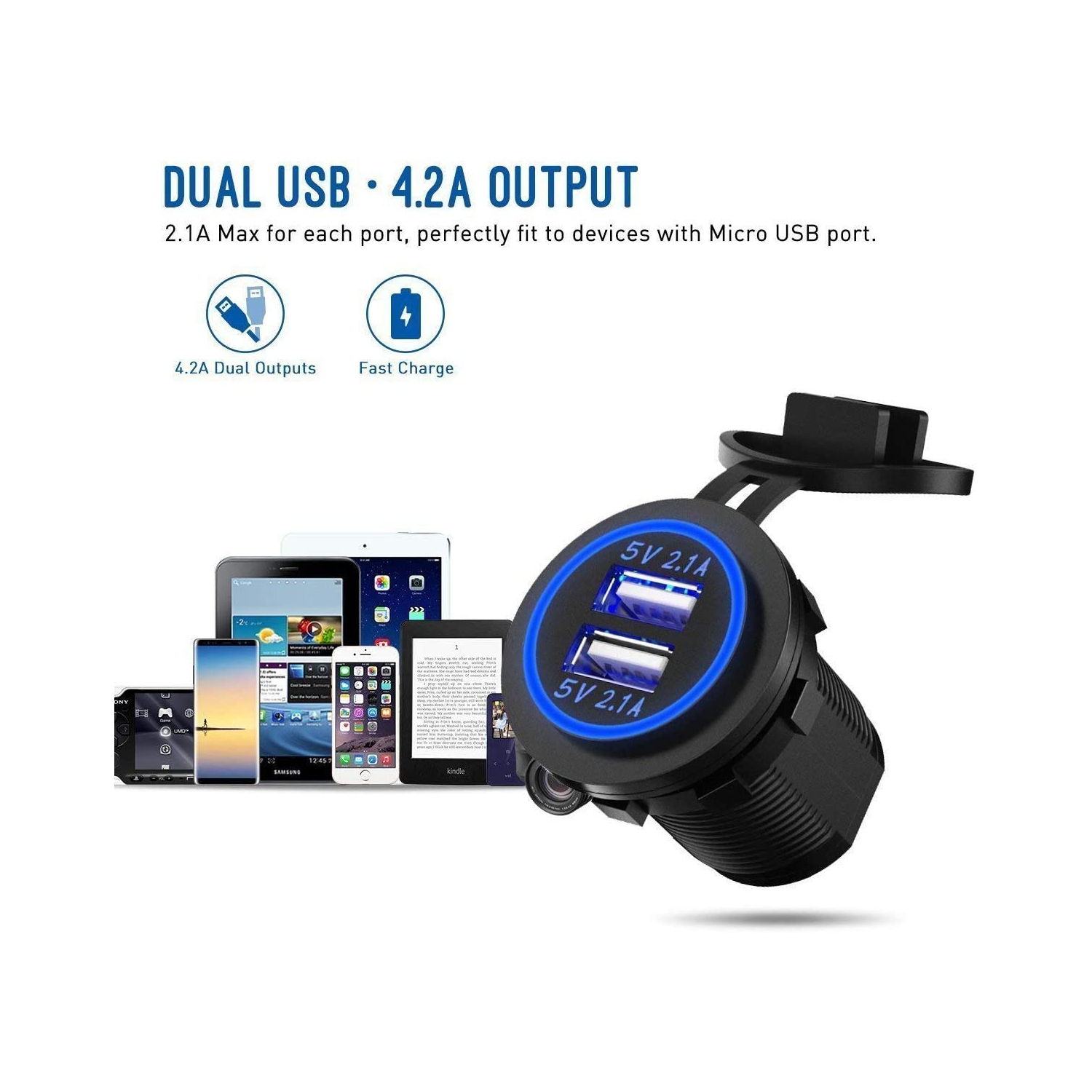 Dual USB Charger Socket, 12V 4.2A Car Charger Power Outlet with Blue LED Display, Waterproof USB Car Socket Dual Charging Ports for Most 12-24V Car