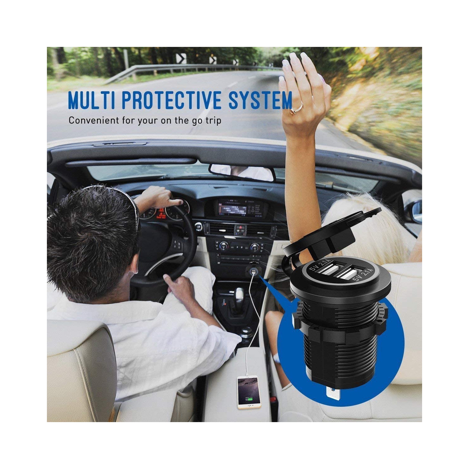 Dual USB Charger Socket, 12V 4.2A Car Charger Power Outlet with Blue LED Display, Waterproof USB Car Socket Dual Charging Ports for Most 12-24V Car