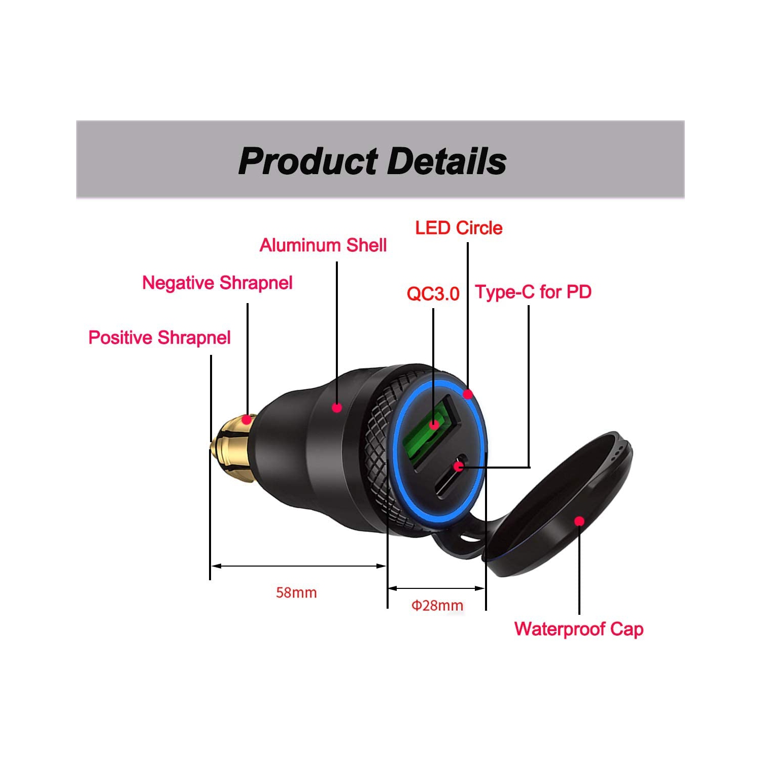 Chargeur Power Delivery DIN HELLA Powerlet en aluminium 30 W vers type C et adaptateur DIN USB 3.0 Quick charge pour moto étanche pour prise DIN de