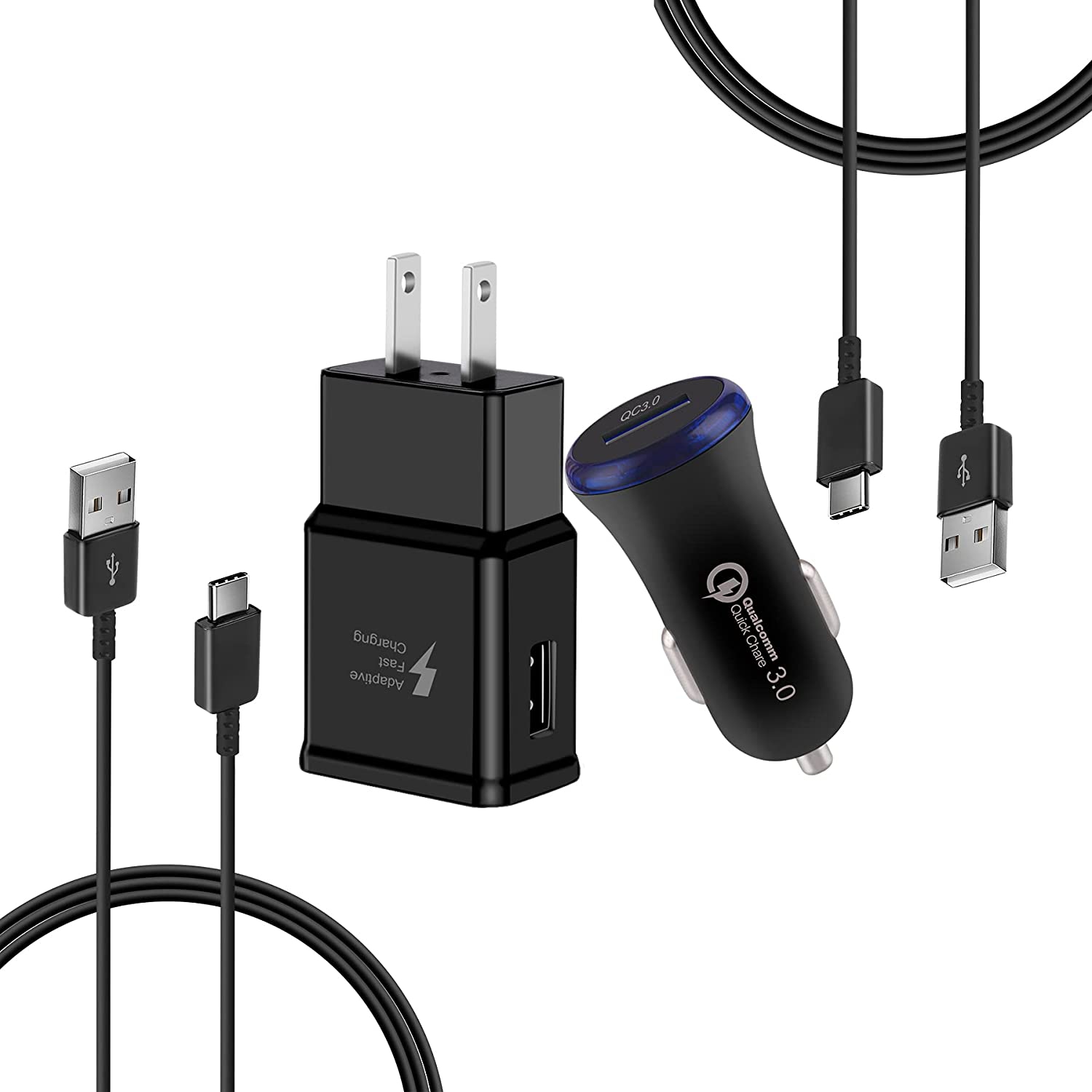 Adaptive Fast Charger Kit Compatible with Samsung Galaxy S21/S20/Plus/Ultra/S10/S10E/S9/S8/Note 20/10/9/8/A20, Quick Charge 3.0 Charger kit, Wall Charger + Car Charger + 2 x Type C