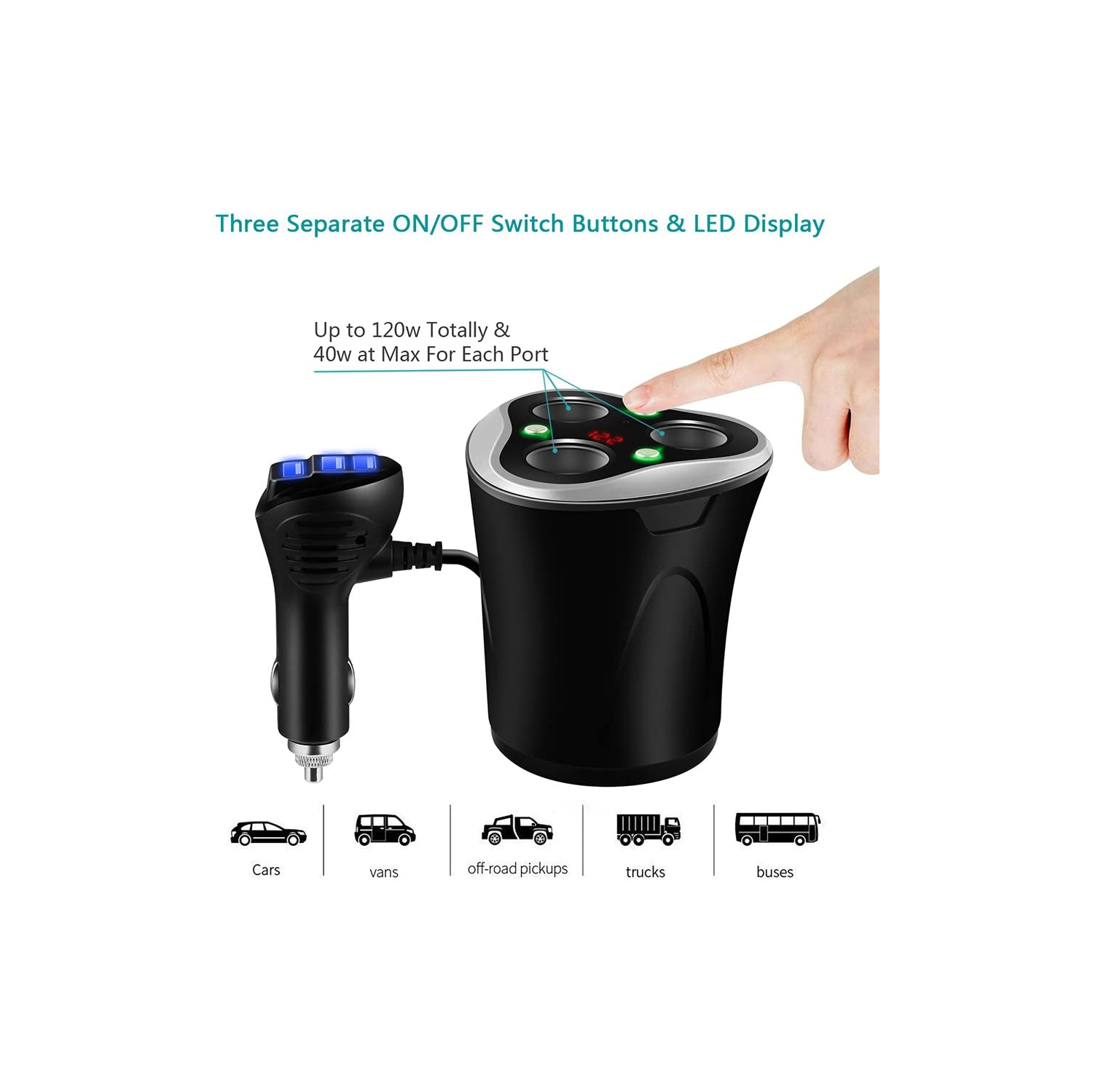 3 Socket Cigarette Lighter Splitter Power Adapter + 3 USB Car Charger 120W 12V/24V DC Outlet with Volt Meter, On/Off Switch for Cell Phone GPS Dash