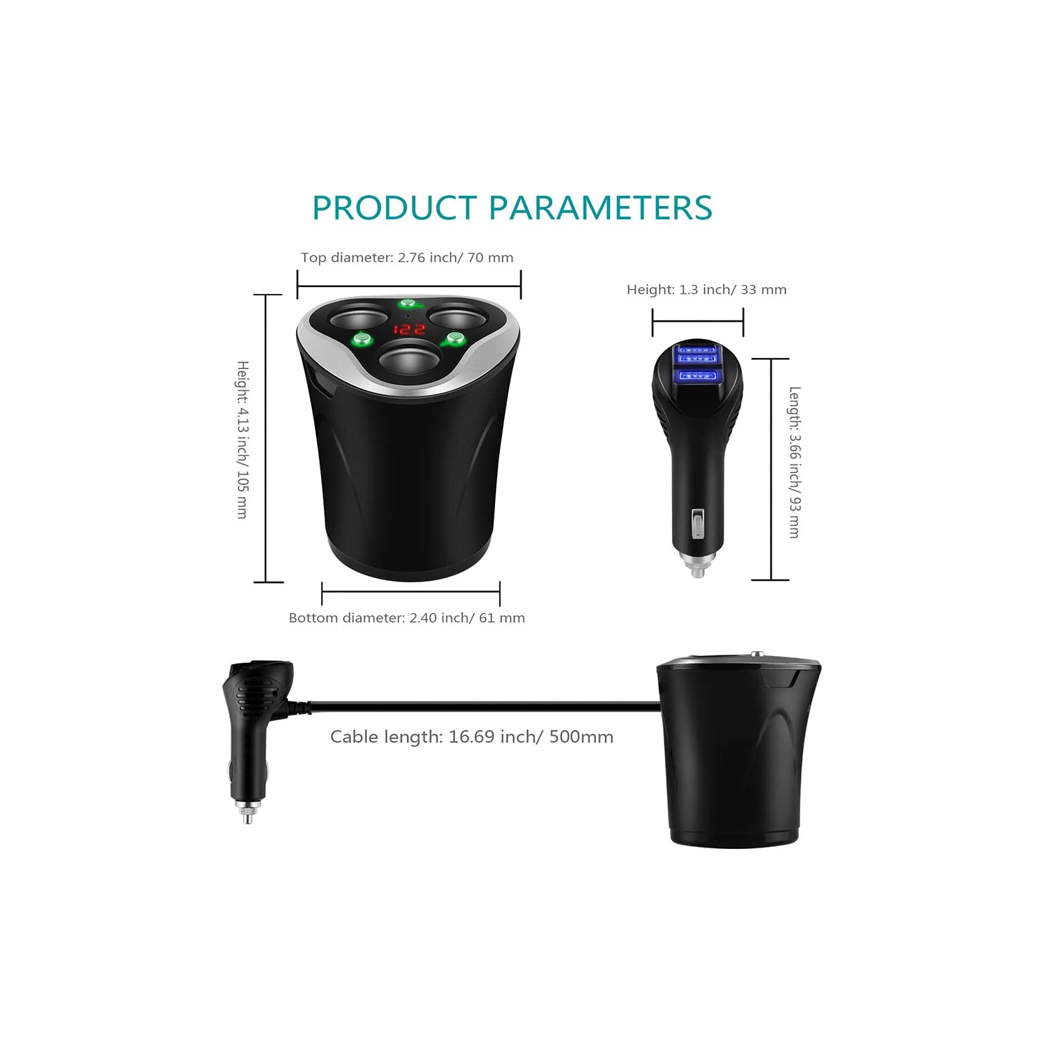 3 Socket Cigarette Lighter Splitter Power Adapter + 3 USB Car Charger 120W 12V/24V DC Outlet with Volt Meter, On/Off Switch for Cell Phone GPS Dash