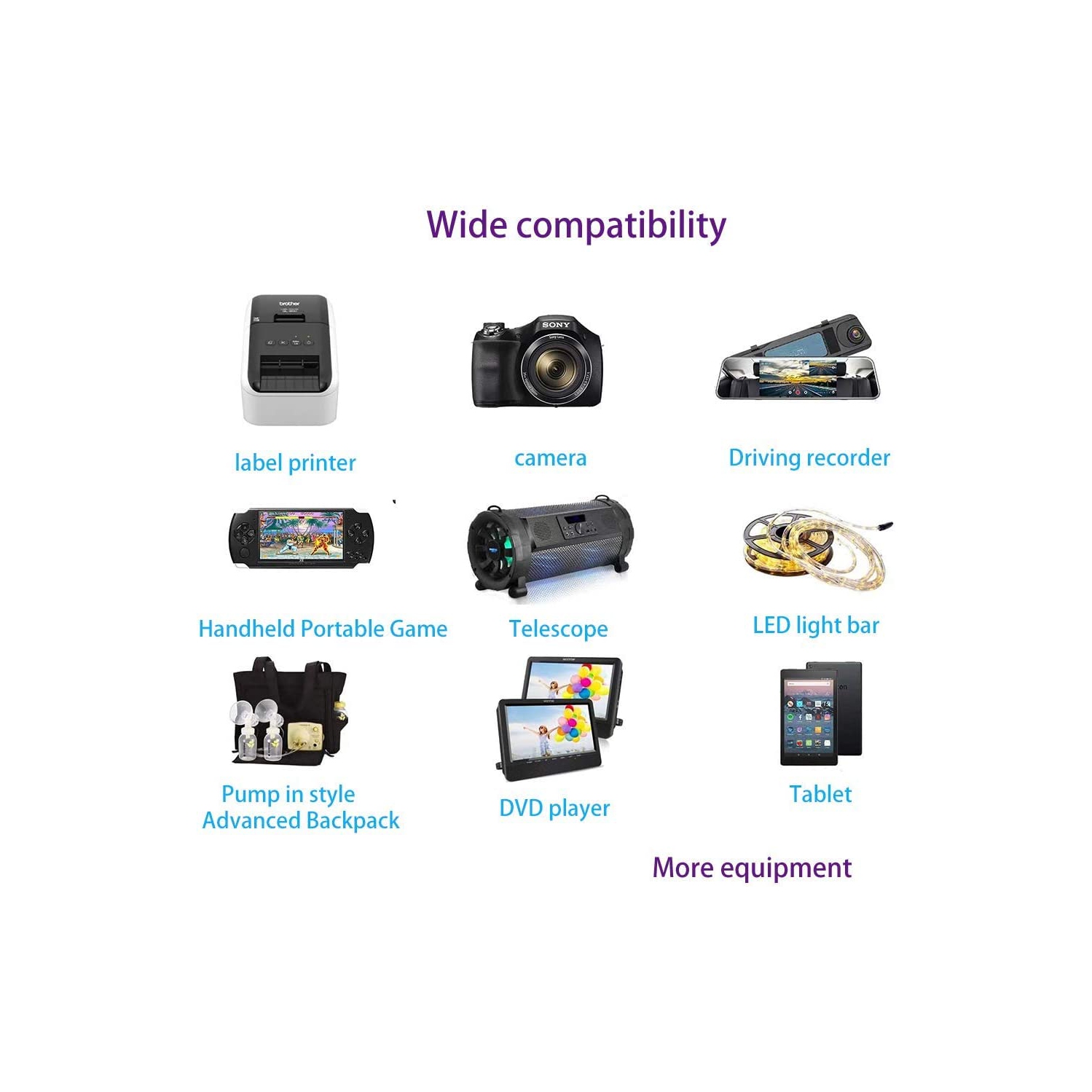 DC 12V 2A Car Charger Universal Power Cord 5.5x2.1mm to Cigarette Lighter with 8 Connector for DVD Player, GPS, Bluetooth Speakers, Breast Pump,