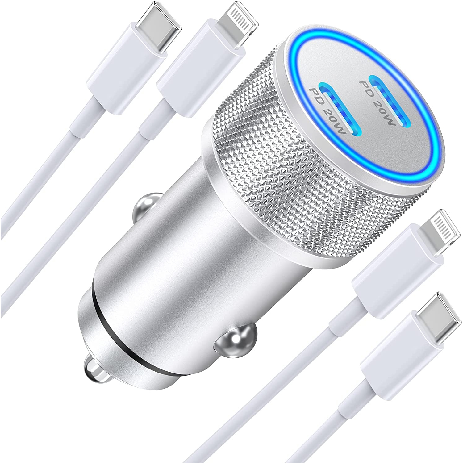 Chargeur rapide pour l’auto iPhone, adaptateur de chargeur rapide double USB-C de 40 W pour l’auto avec 2 câbles USB-C à Lightning certifiés MFi pour