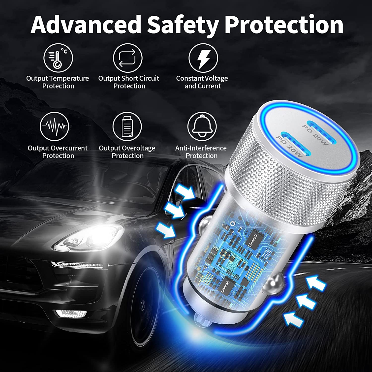 Chargeur rapide pour l’auto iPhone, adaptateur de chargeur rapide double USB-C de 40 W pour l’auto avec 2 câbles USB-C à Lightning certifiés MFi pour