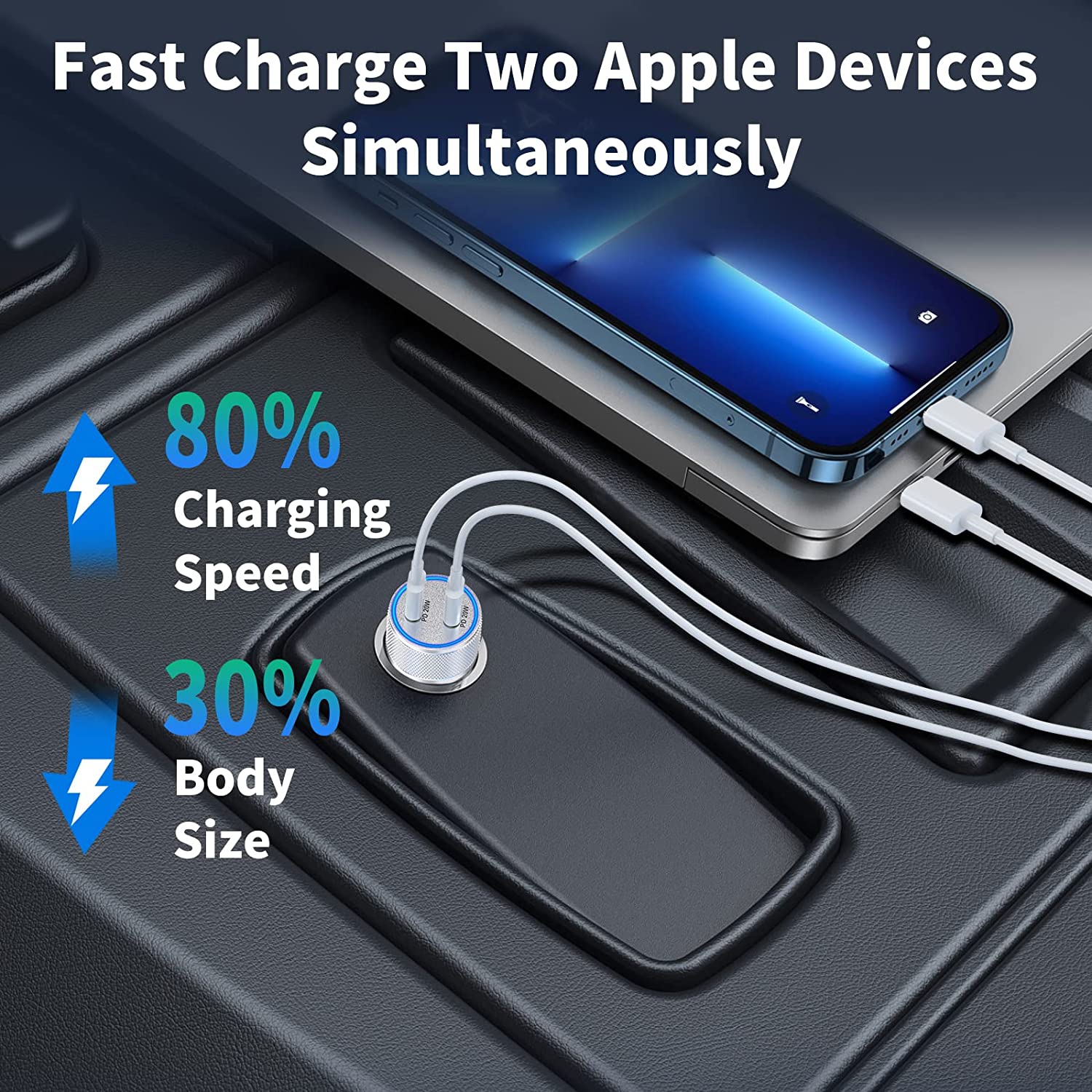 Chargeur rapide pour l’auto iPhone, adaptateur de chargeur rapide double USB-C de 40 W pour l’auto avec 2 câbles USB-C à Lightning certifiés MFi pour