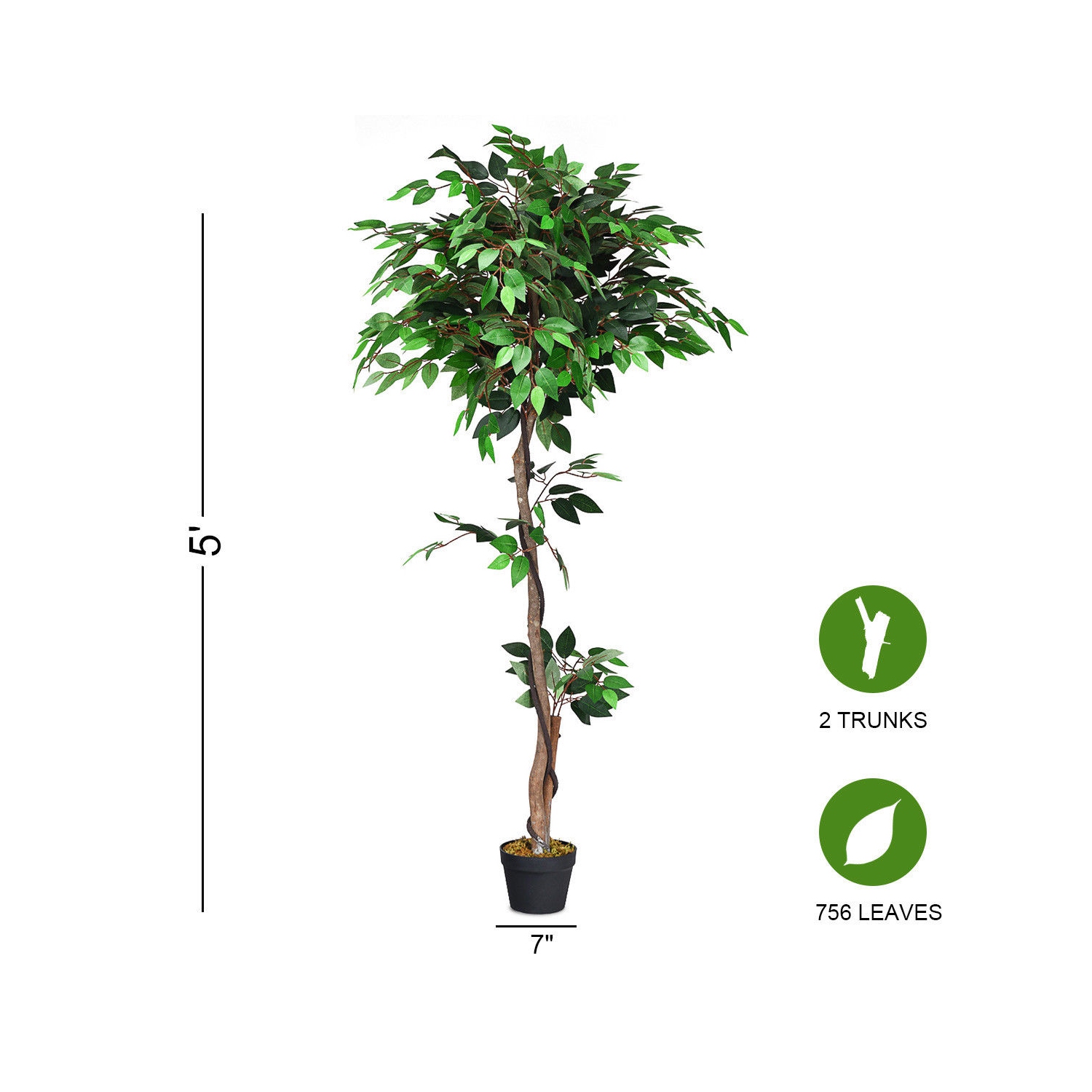 Gymax Artificial Ficus Silk Tree Wood Trunks Green 5.5 Feet Holiday Decor