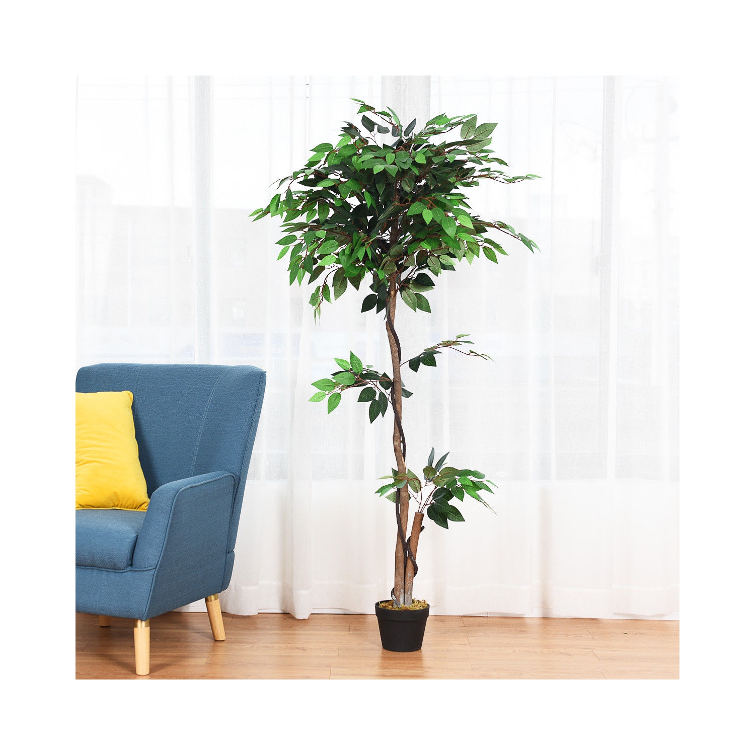 Gymax Artificial Ficus Silk Tree Wood Trunks Green 5.5 Feet Holiday Decor