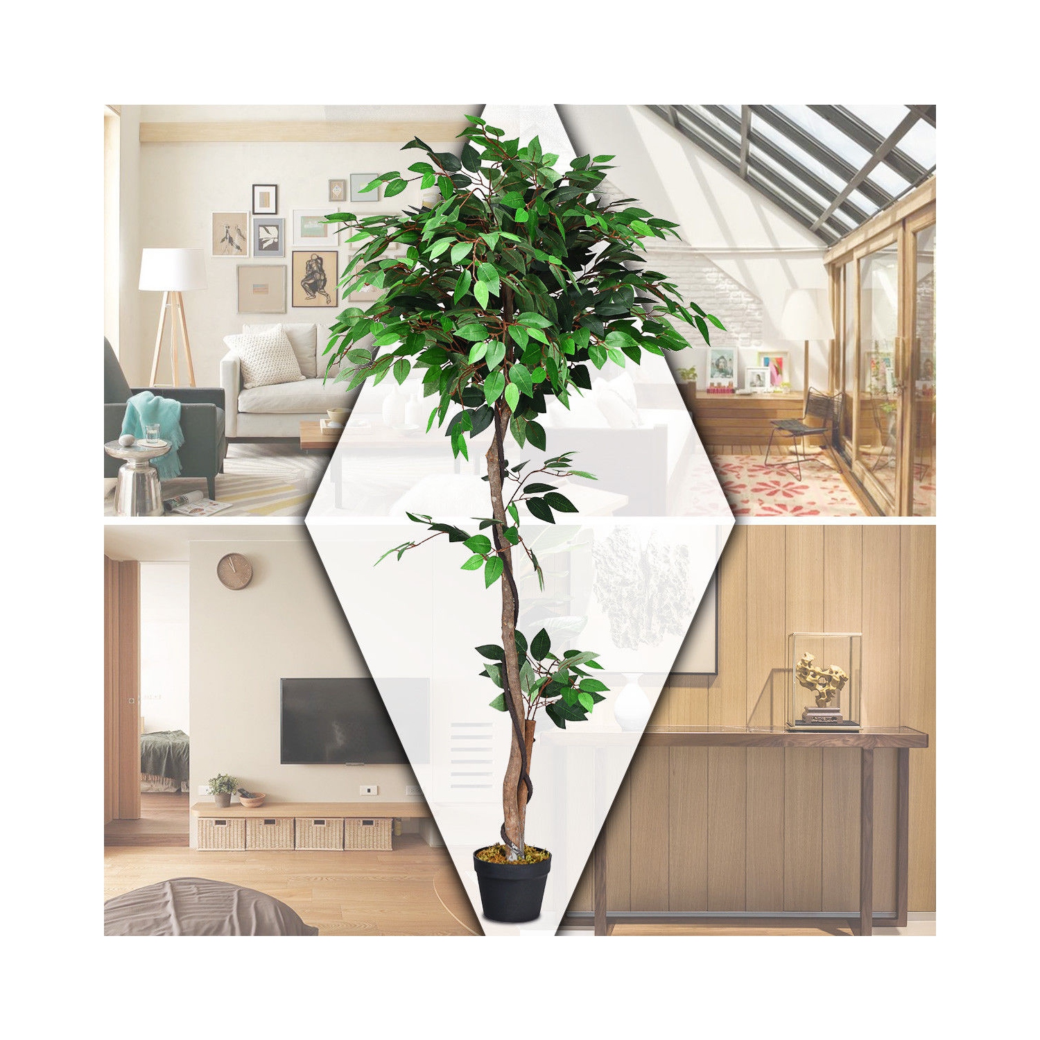 Gymax Artificial Ficus Silk Tree Wood Trunks Green 5.5 Feet Holiday Decor