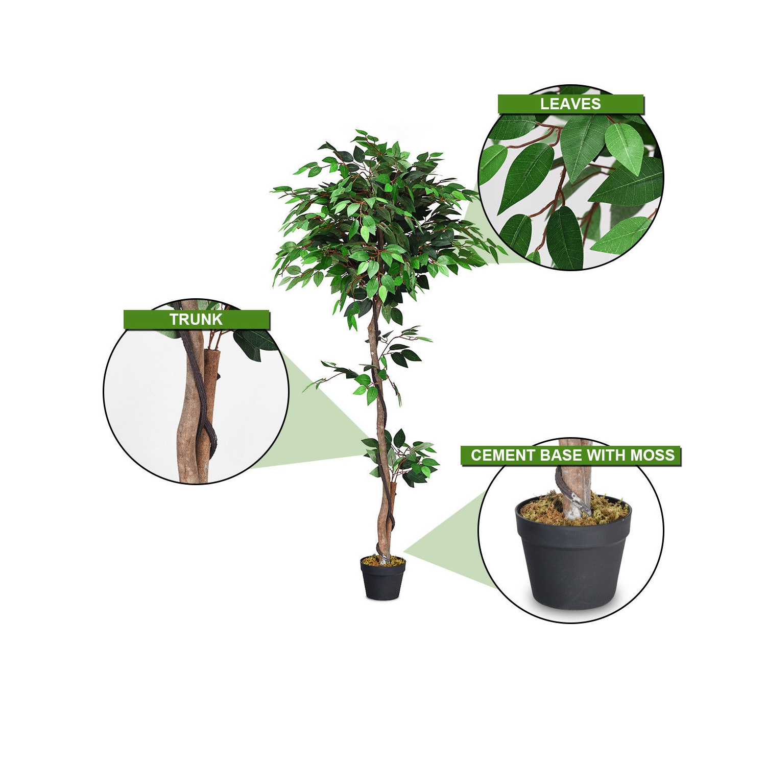 Gymax Artificial Ficus Silk Tree Wood Trunks Green 5.5 Feet Holiday Decor