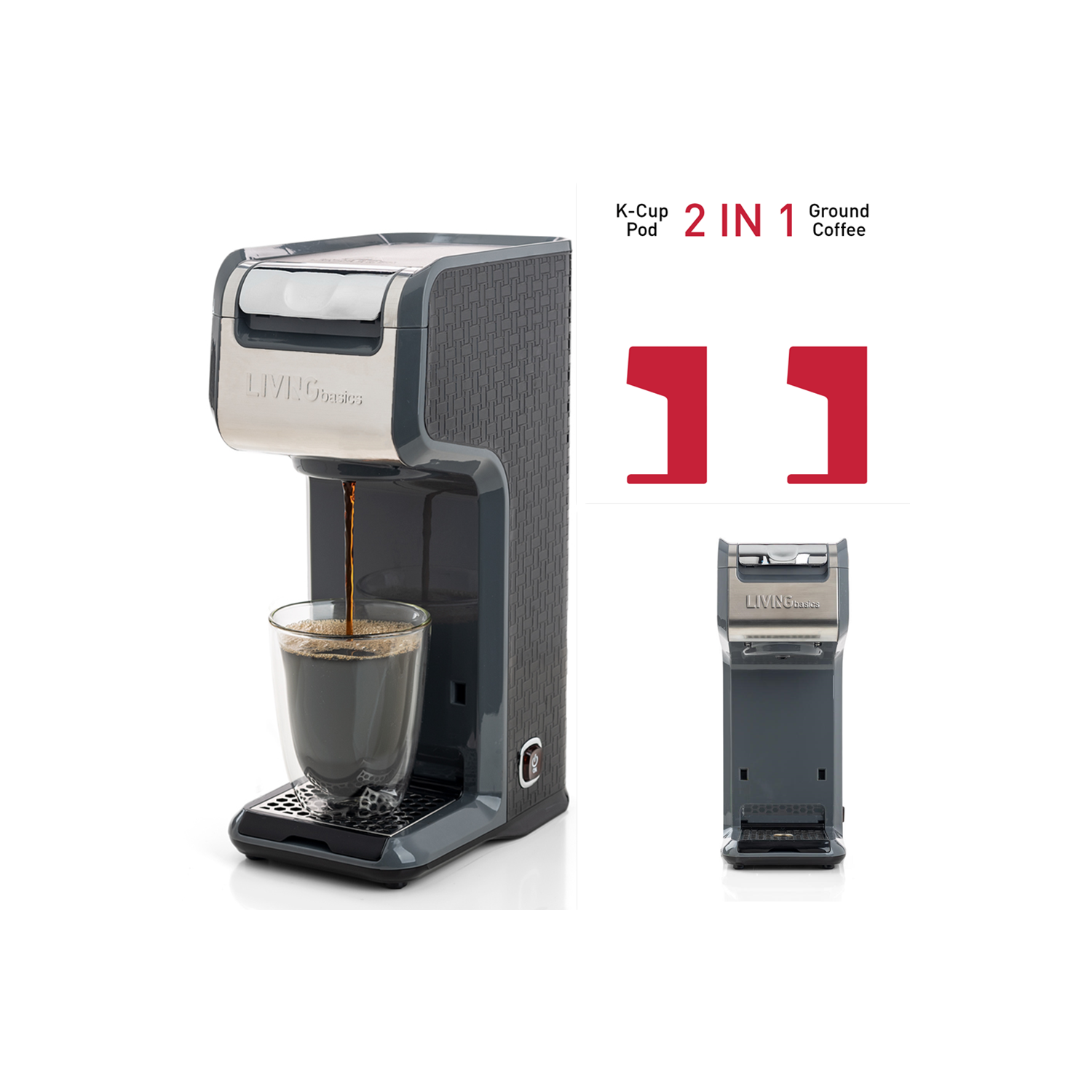 2-in-1 Grey Coffee Maker Brewer for Single-Serve K-Cup Pods Carafe Pods, Capsules or Ground Coffee