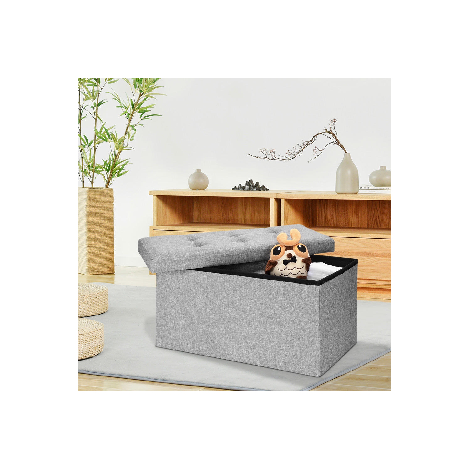 Pouf de rangement pliant de 30 po, coffre de rangement/repose-pieds/siège rembourré, organisateur de rangement en polyester lin