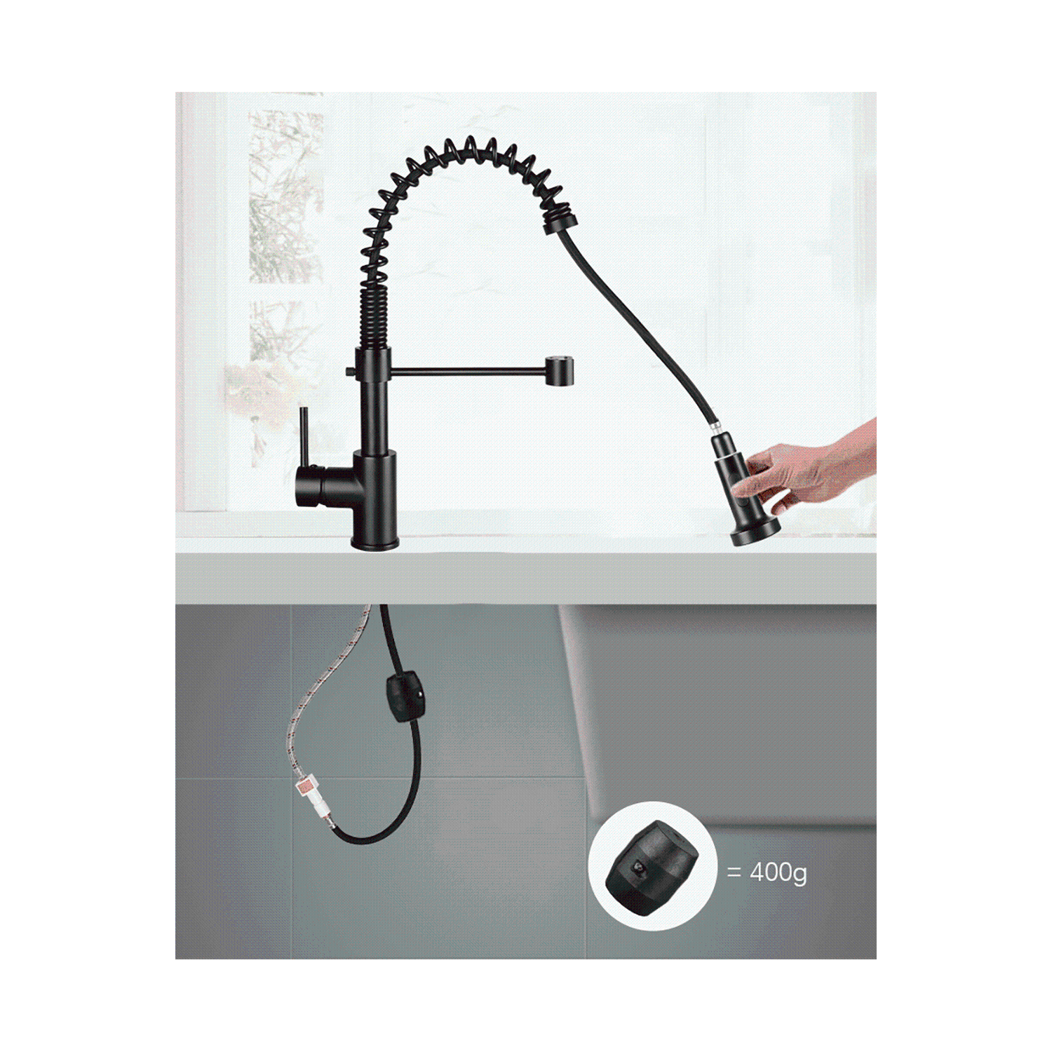 Cold and hot water Single Handle Pull Down Spring Sprayer Kitchen Sink Faucet, Matt Black - LIVINGbasics®