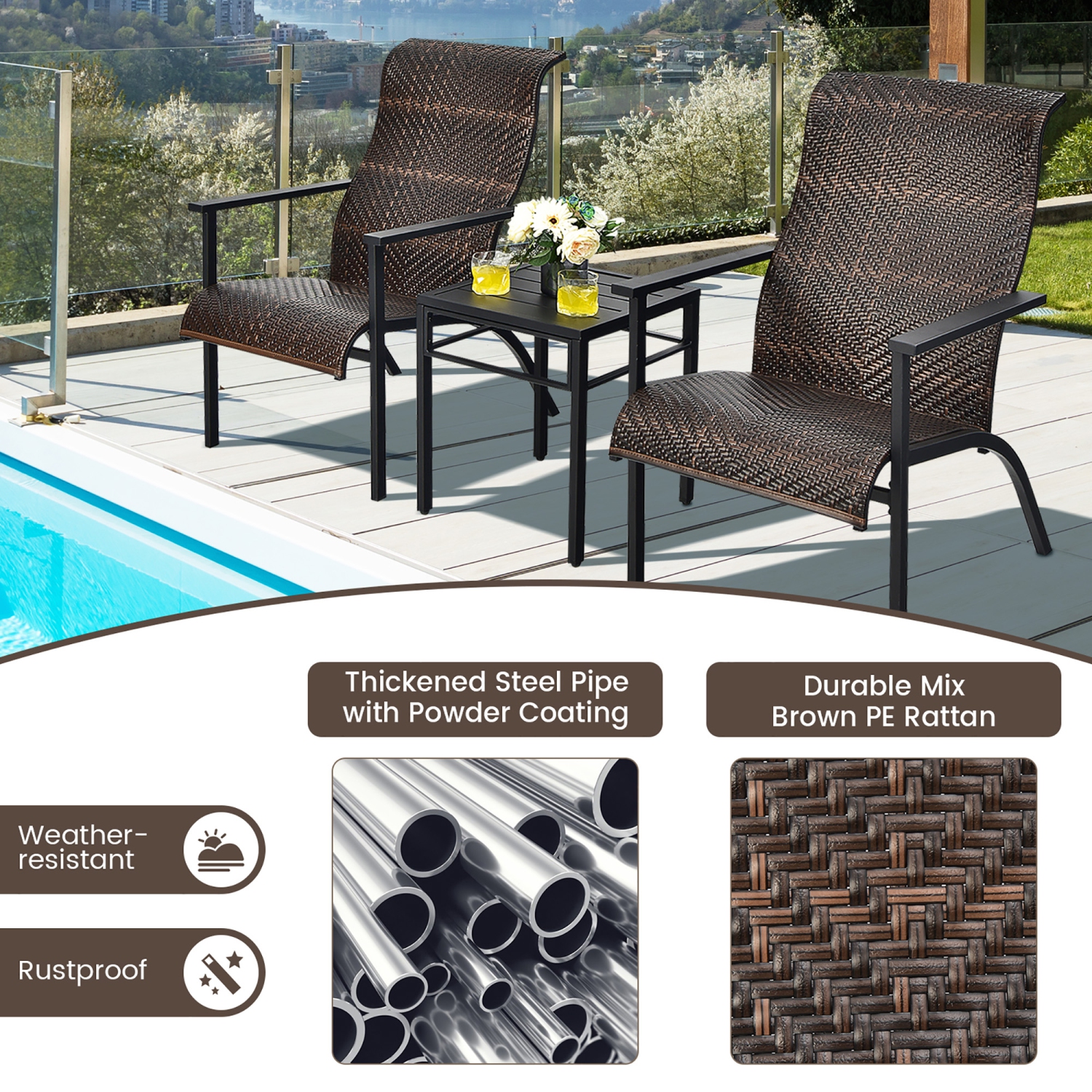 Gymax 3PCS Rattan Bistro Chair Set Patio Furniture Set W/Table