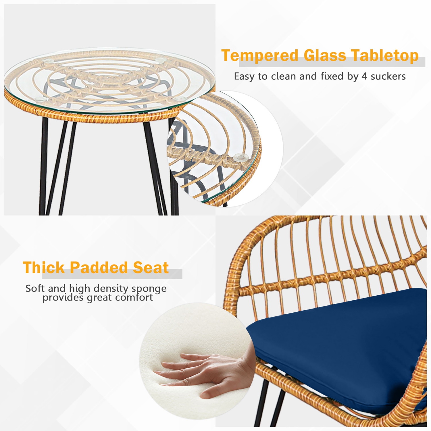 Gymax 3PCS Rattan Patio Bistro Set Conversation Furniture Set w/ Cushions