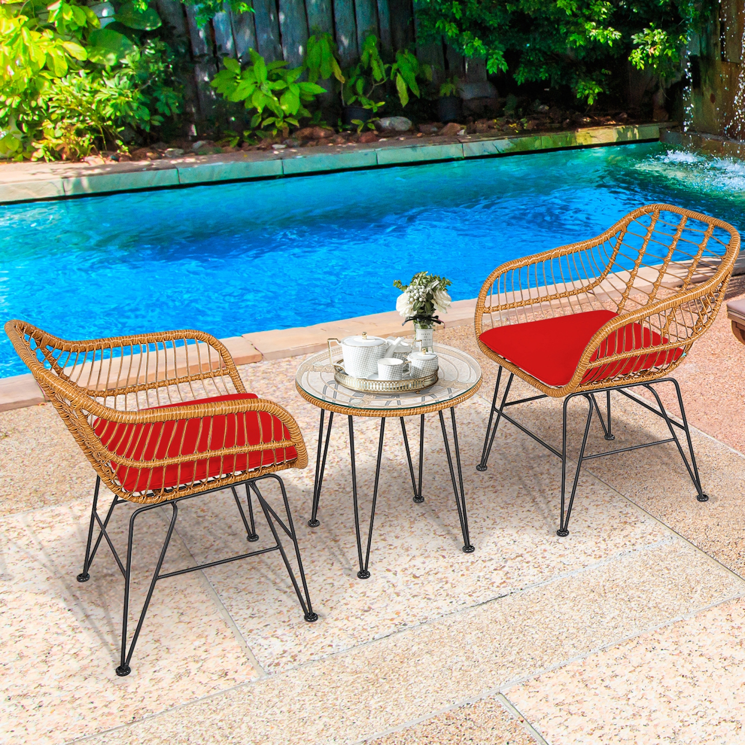 Gymax 3PCS Rattan Patio Bistro Set Conversation Furniture Set w/ Cushions