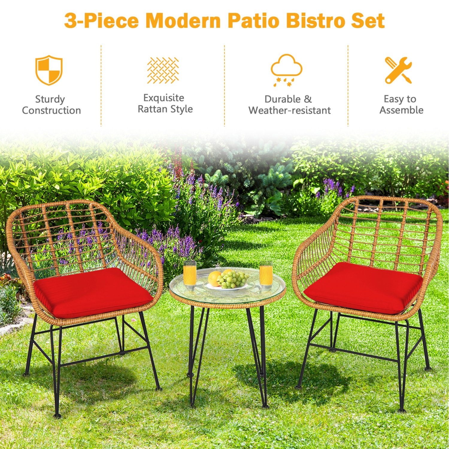 Gymax 3PCS Rattan Patio Bistro Set Conversation Furniture Set w/ Cushions