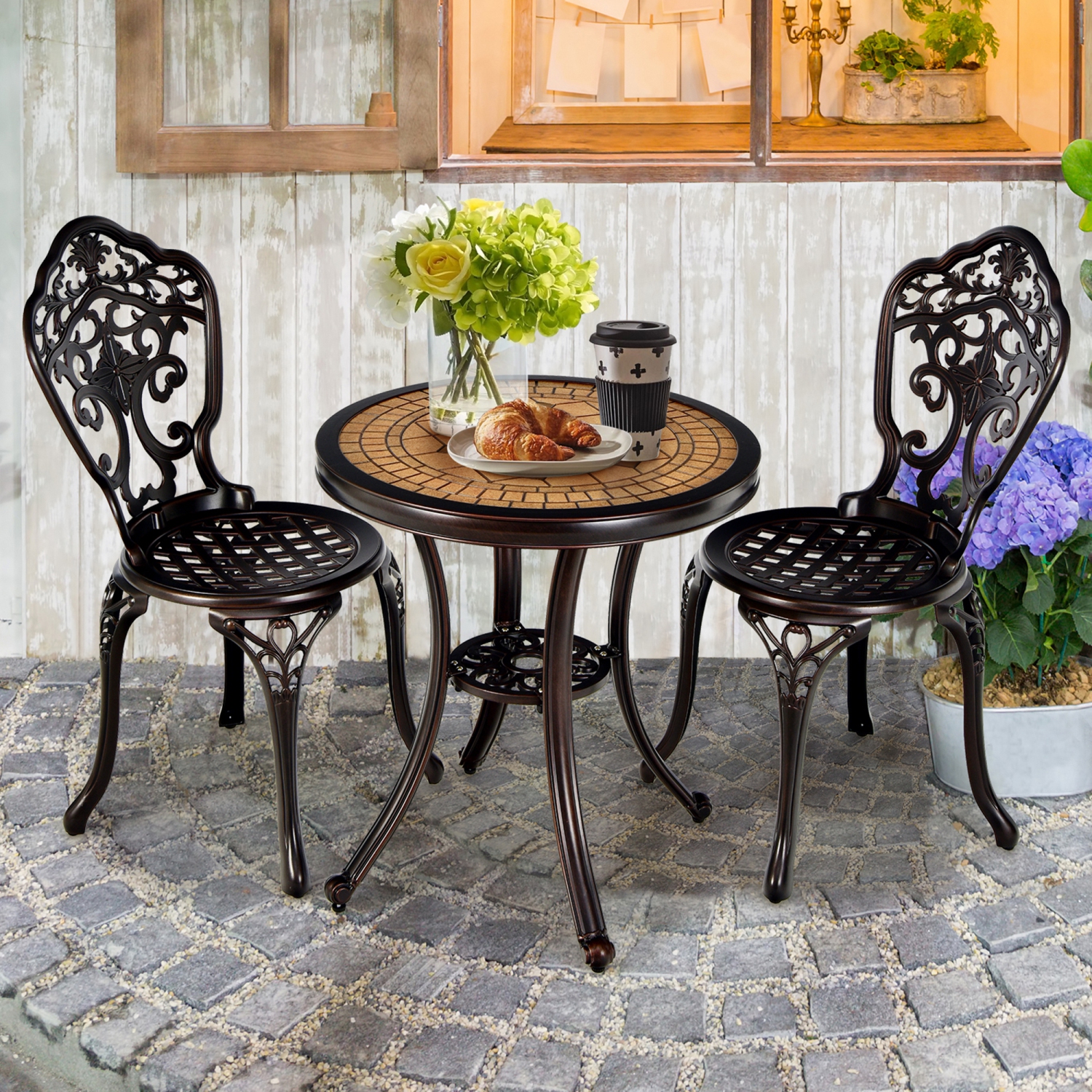 Gymax 3PCS Cast Aluminum Patio Bistro Set Outdoor Table & Chairs Furniture Set