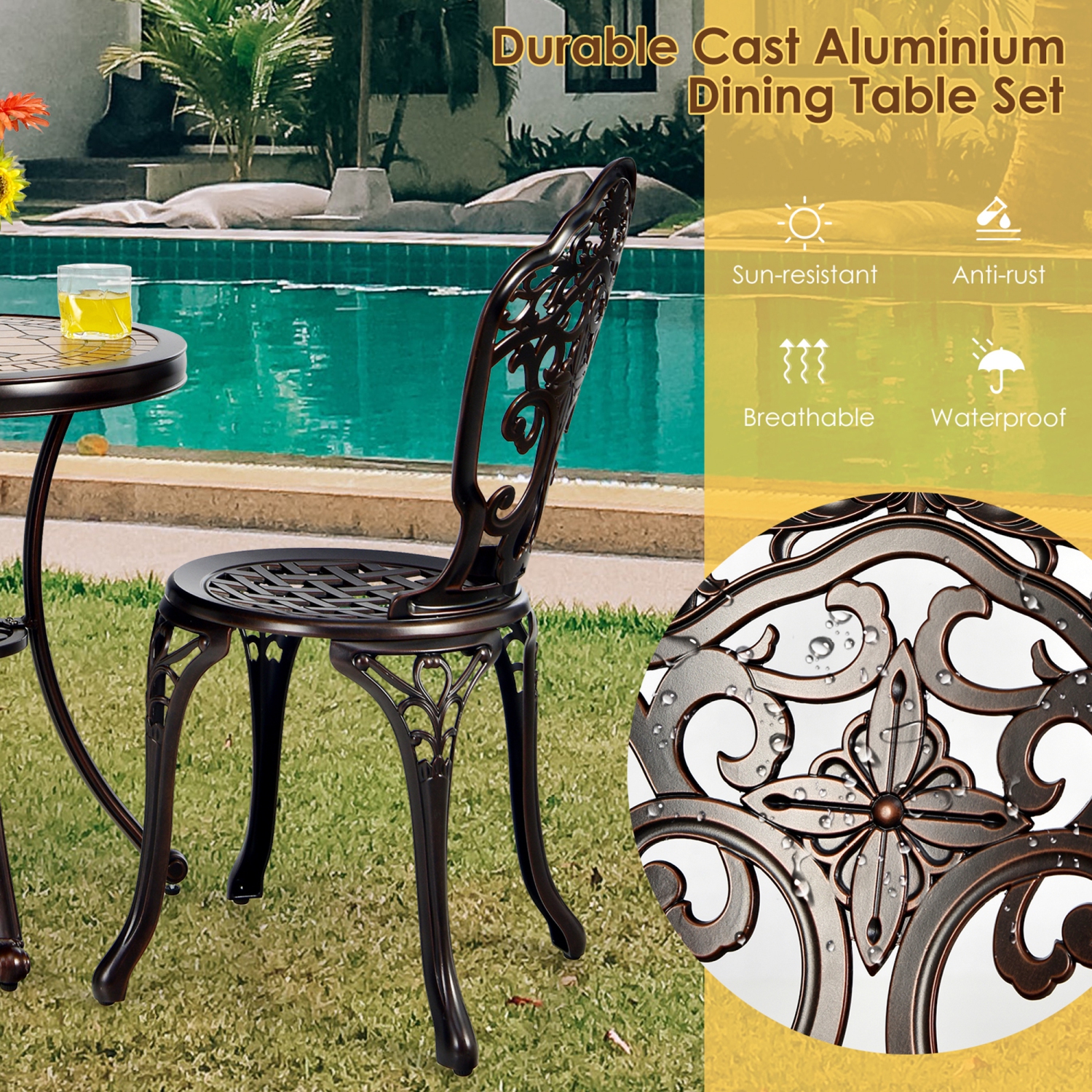 Gymax 3PCS Cast Aluminum Patio Bistro Set Outdoor Table & Chairs Furniture Set