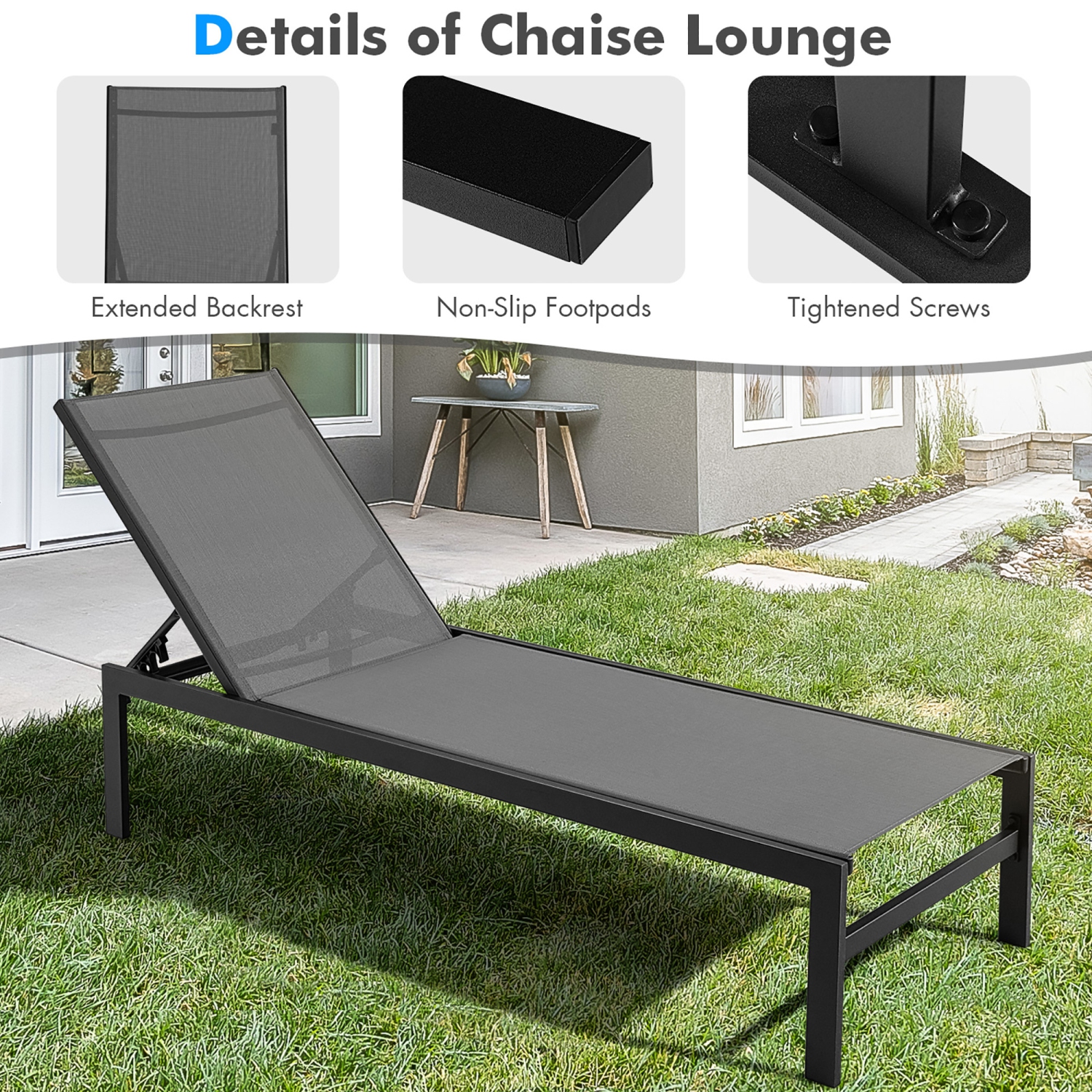 Marque Gymax, Chaise longue de Patio réglable avec dossier à 6 positions Gris