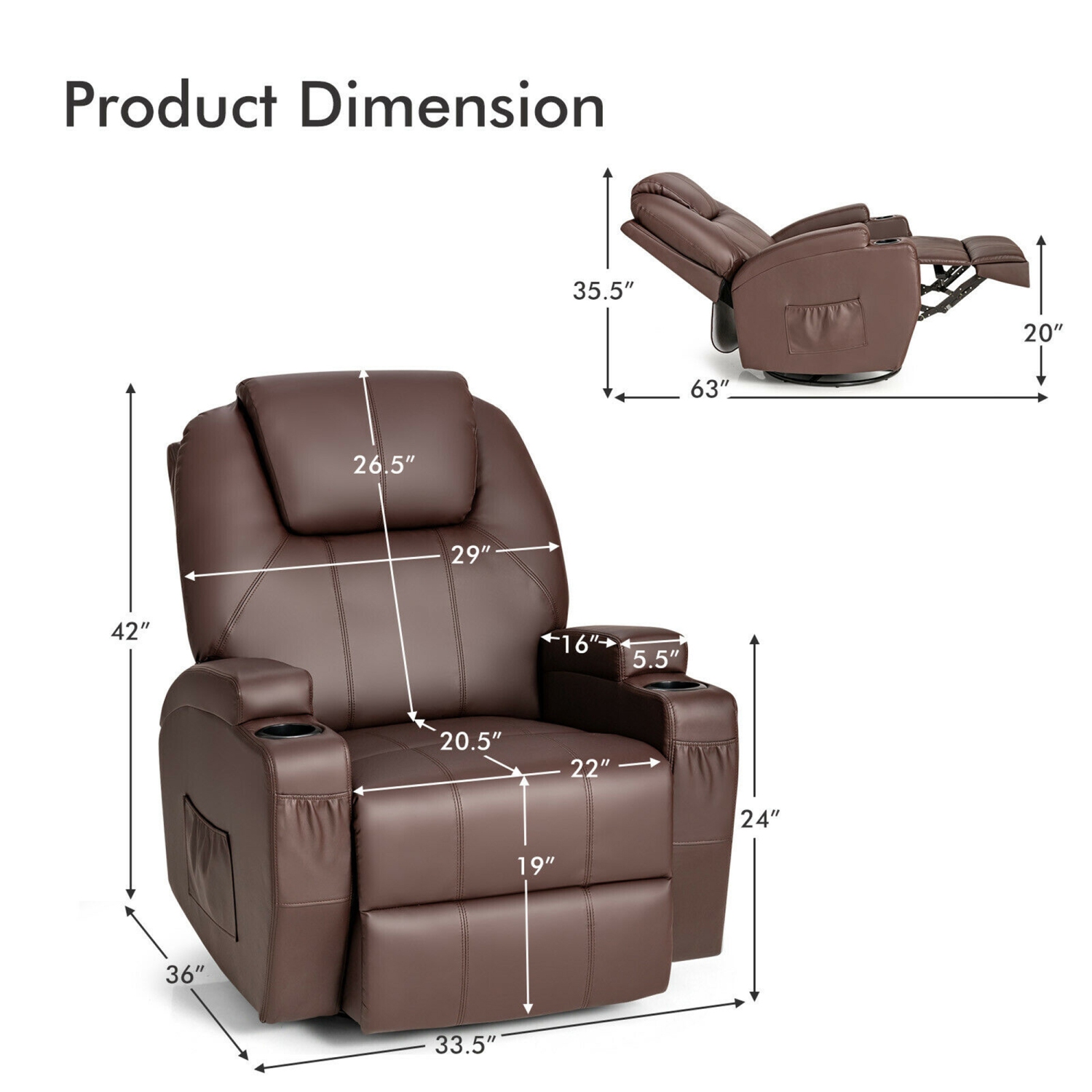 Gymax Massage Recliner Chair 360 Degree Swivel Single Sofa Rocker w/ Heating