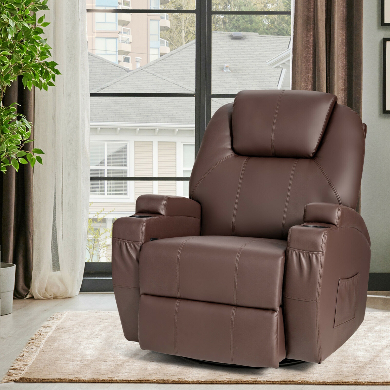 Gymax Massage Recliner Chair 360 Degree Swivel Single Sofa Rocker w/ Heating
