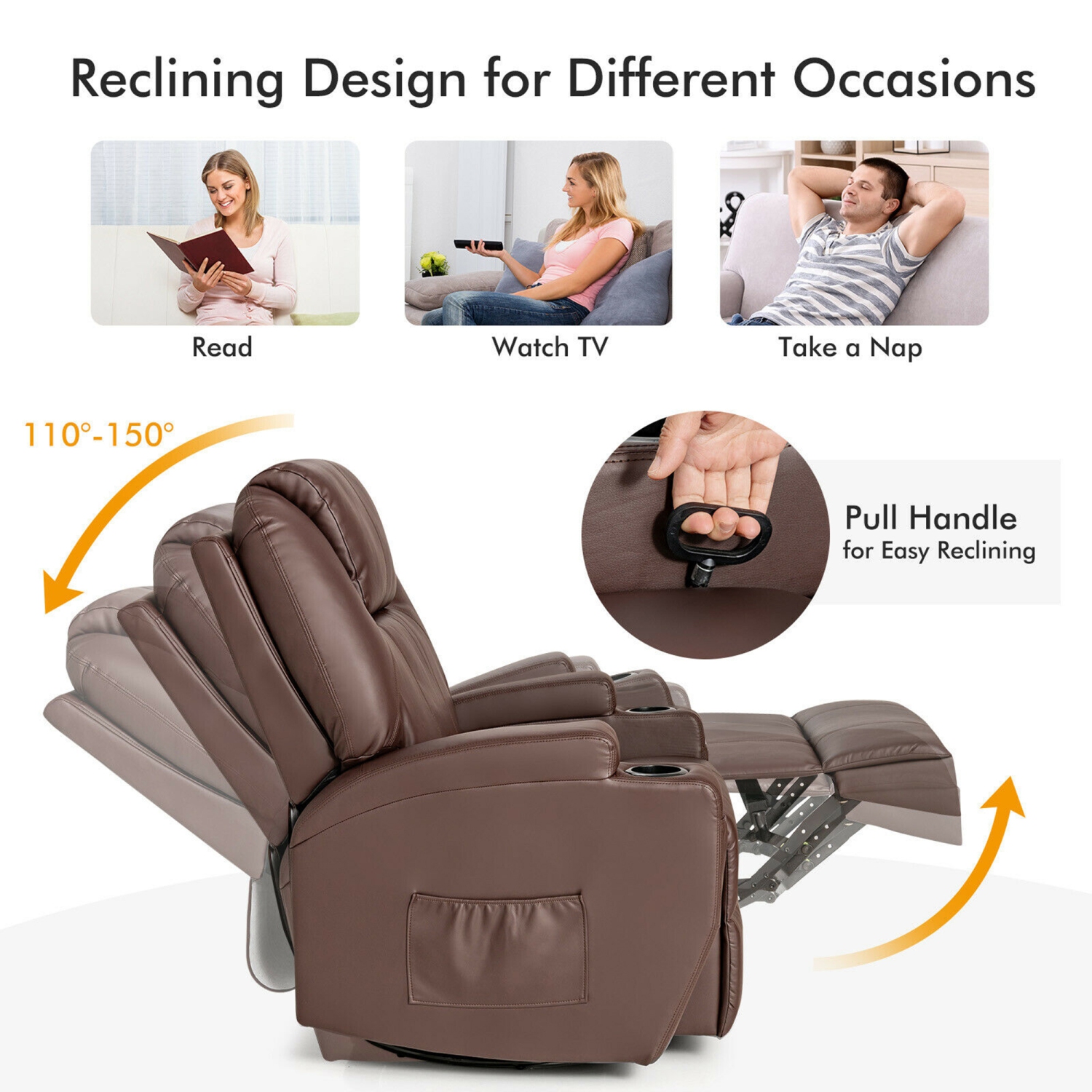 Gymax Massage Recliner Chair 360 Degree Swivel Single Sofa Rocker w/ Heating