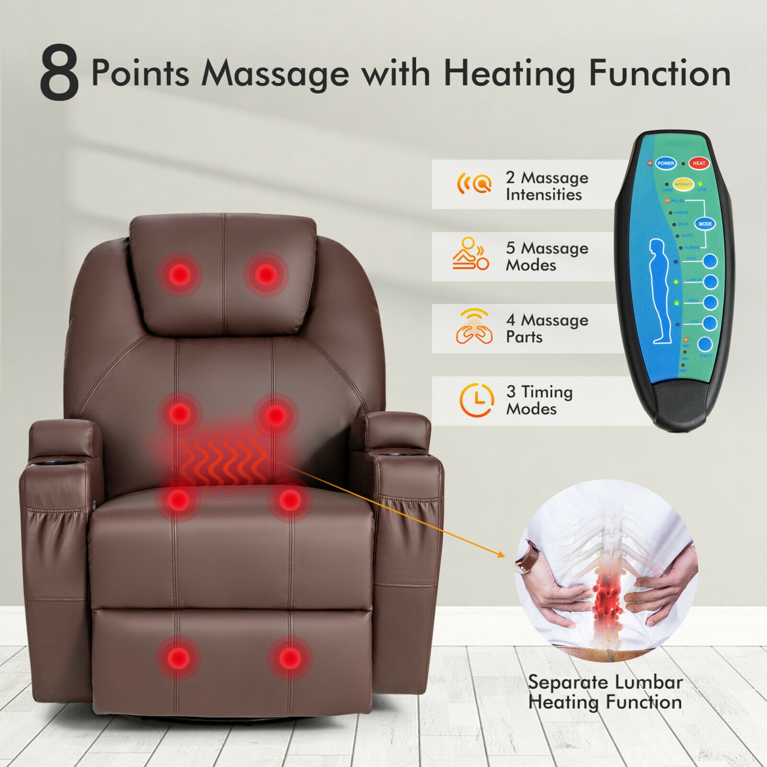 Gymax Massage Recliner Chair 360 Degree Swivel Single Sofa Rocker w/ Heating