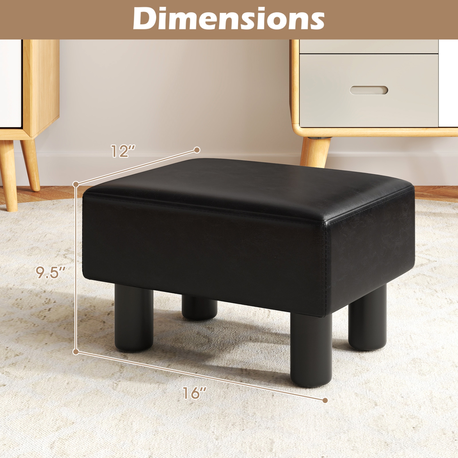 Gymax PU Leather Ottoman Rectangular Footrest Small Stool Black/Red/White