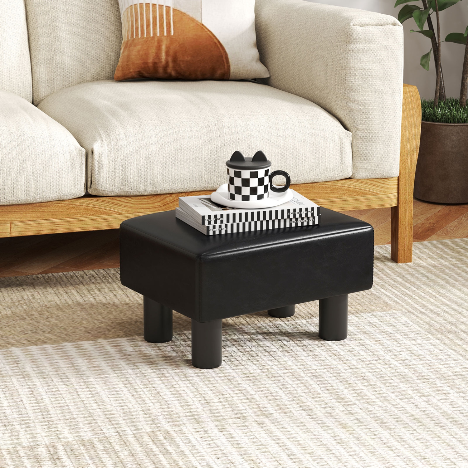 Gymax PU Leather Ottoman Rectangular Footrest Small Stool Black/Red/White