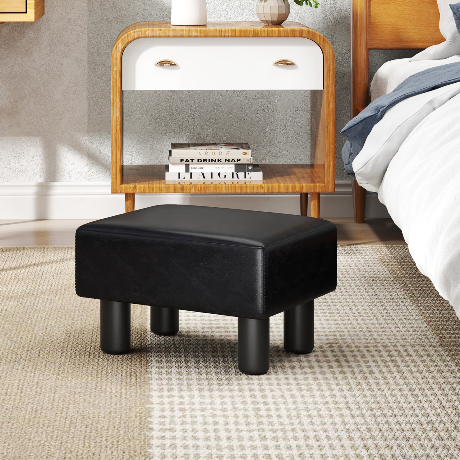 Gymax PU Leather Ottoman Rectangular Footrest Small Stool Black/Red/White