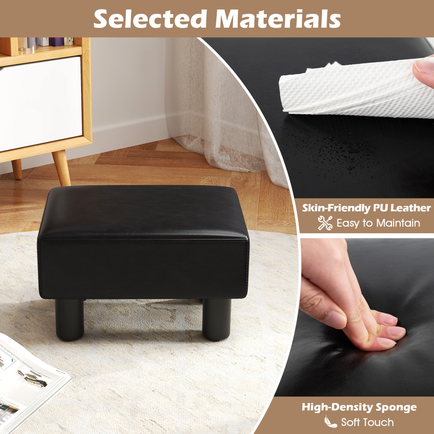 Gymax PU Leather Ottoman Rectangular Footrest Small Stool Black/Red/White