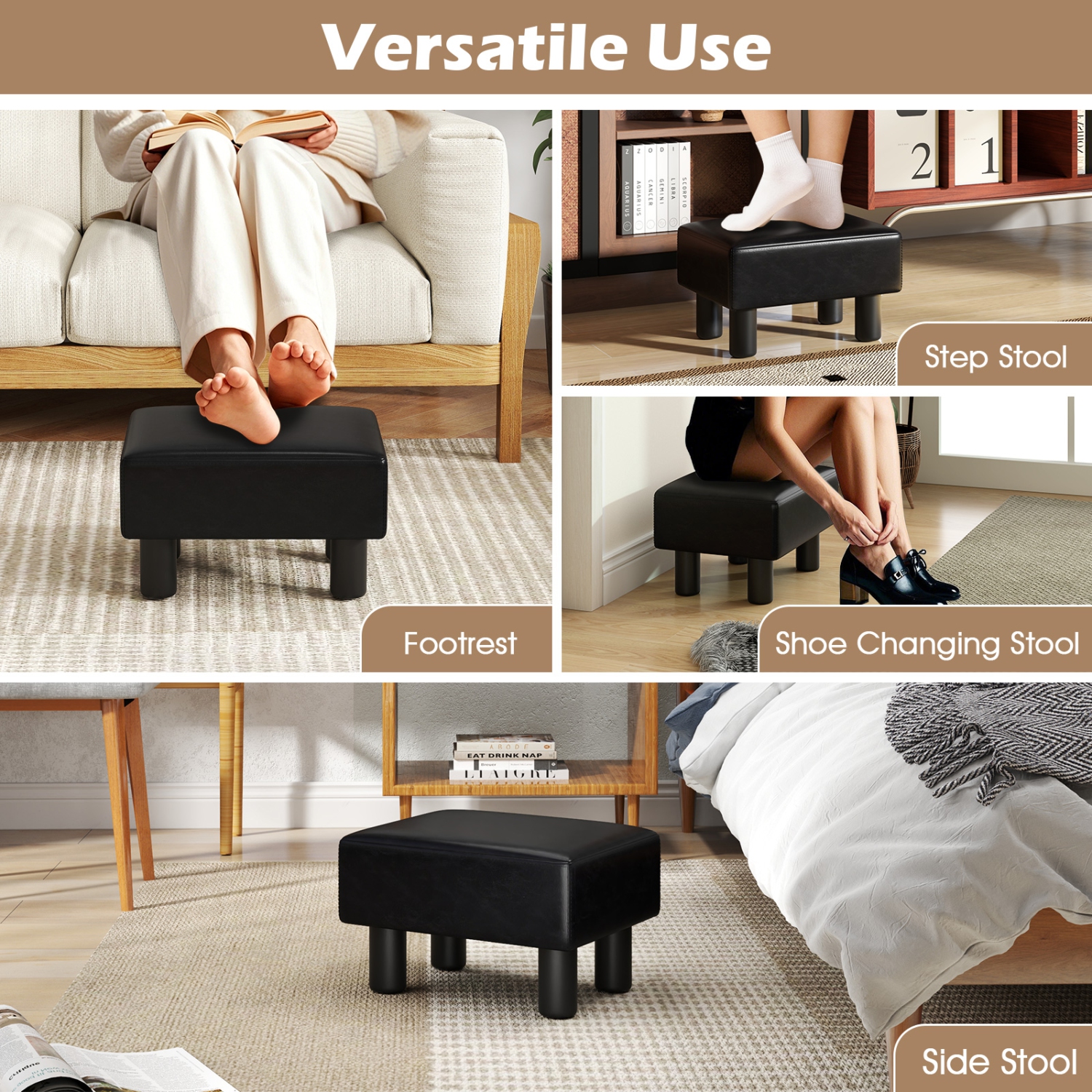 Gymax PU Leather Ottoman Rectangular Footrest Small Stool Black/Red/White