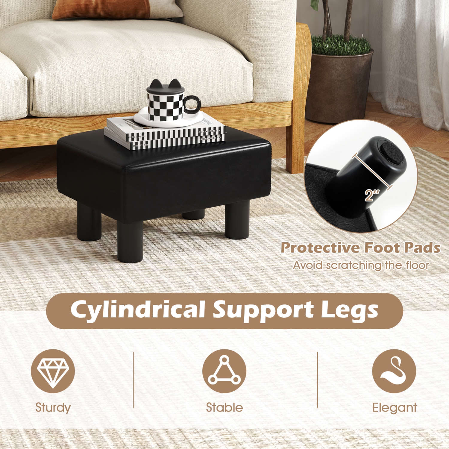 Gymax PU Leather Ottoman Rectangular Footrest Small Stool Black/Red/White