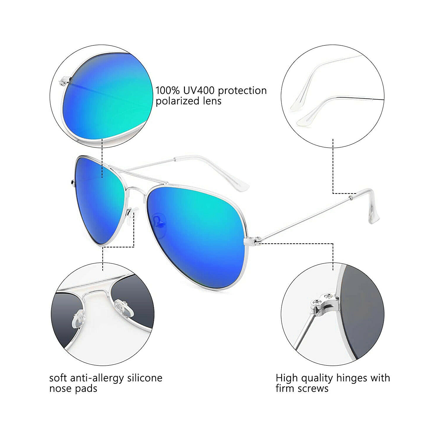Unisex Metal Frame Polarized Aviator Sunglasses, Mirrored Ice Blue / Black Gray