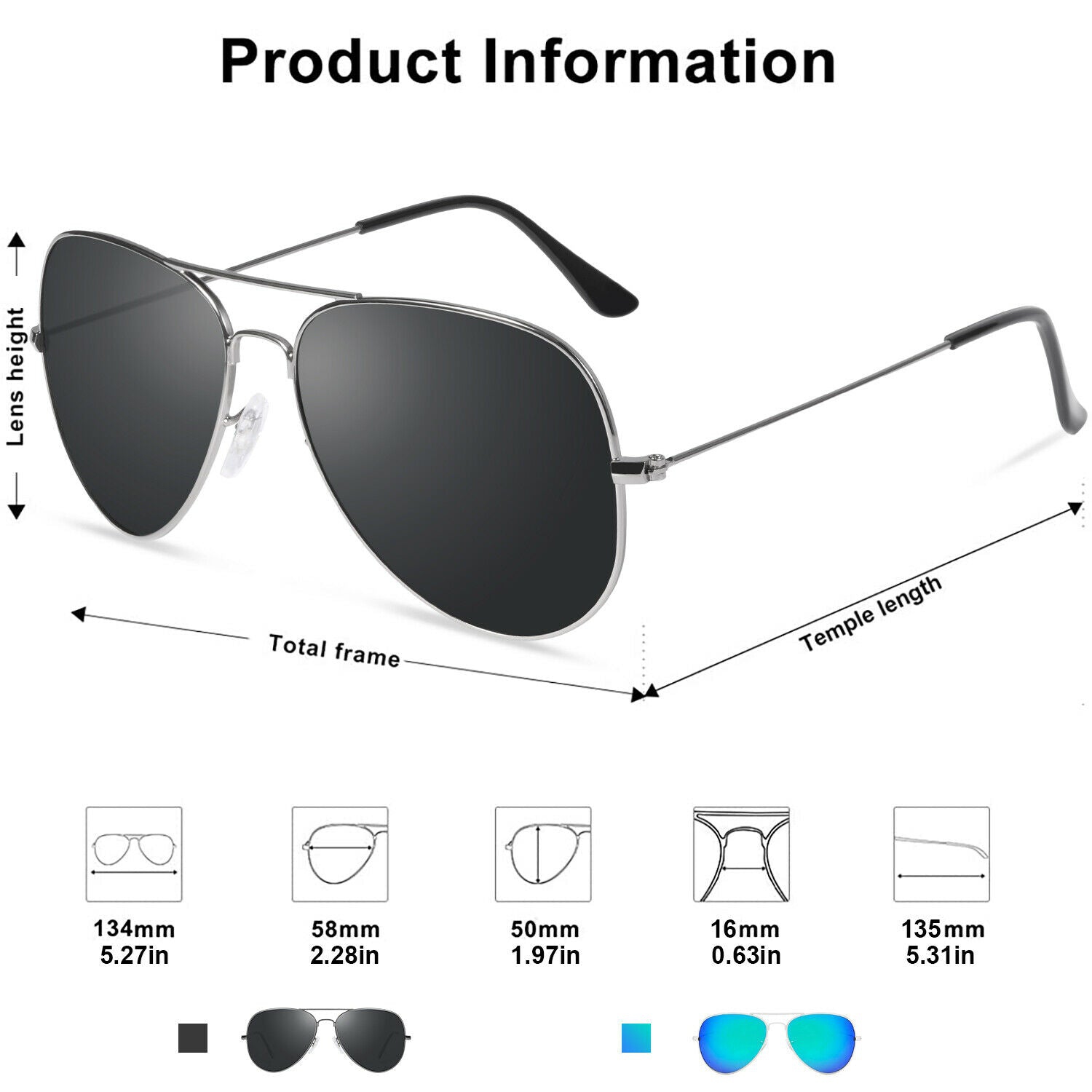 Unisex Metal Frame Polarized Aviator Sunglasses, Mirrored Ice Blue / Black Gray