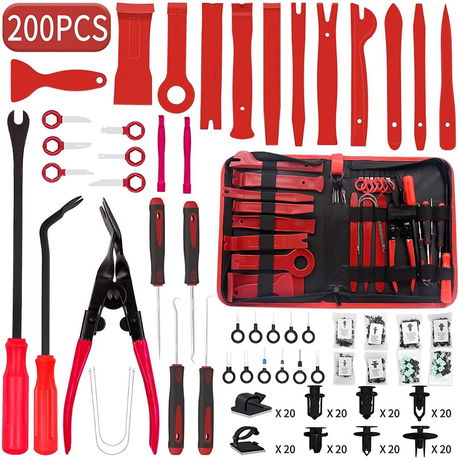 ISTAR 200PCS Car Panel Door Audio Trim Removal Tool Kit, Auto Clip Pliers Fastener Remover Pry Tool Set with Storage Bag