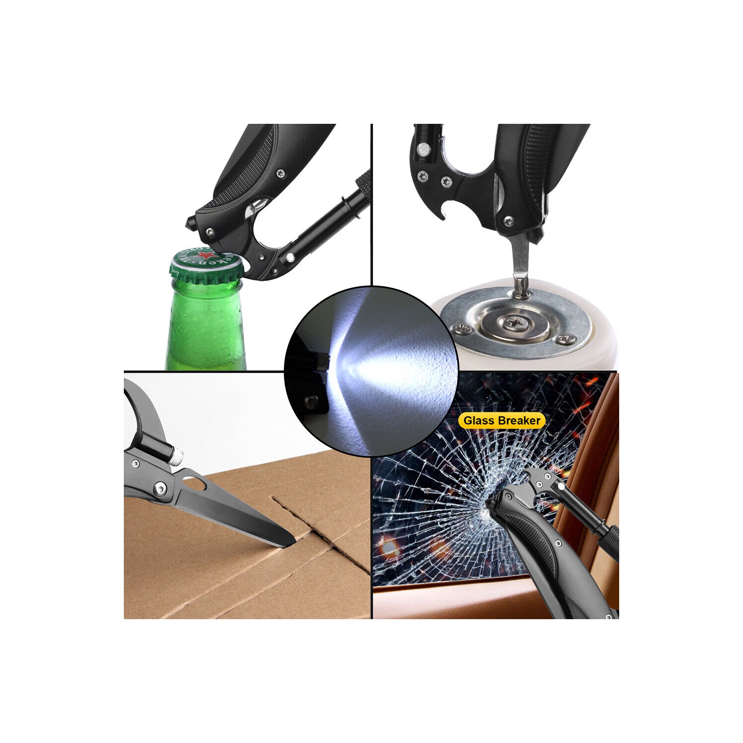 7-in-1 Multi-functional D Ring Locking Carabiner Hook Gear with LED Flashlight