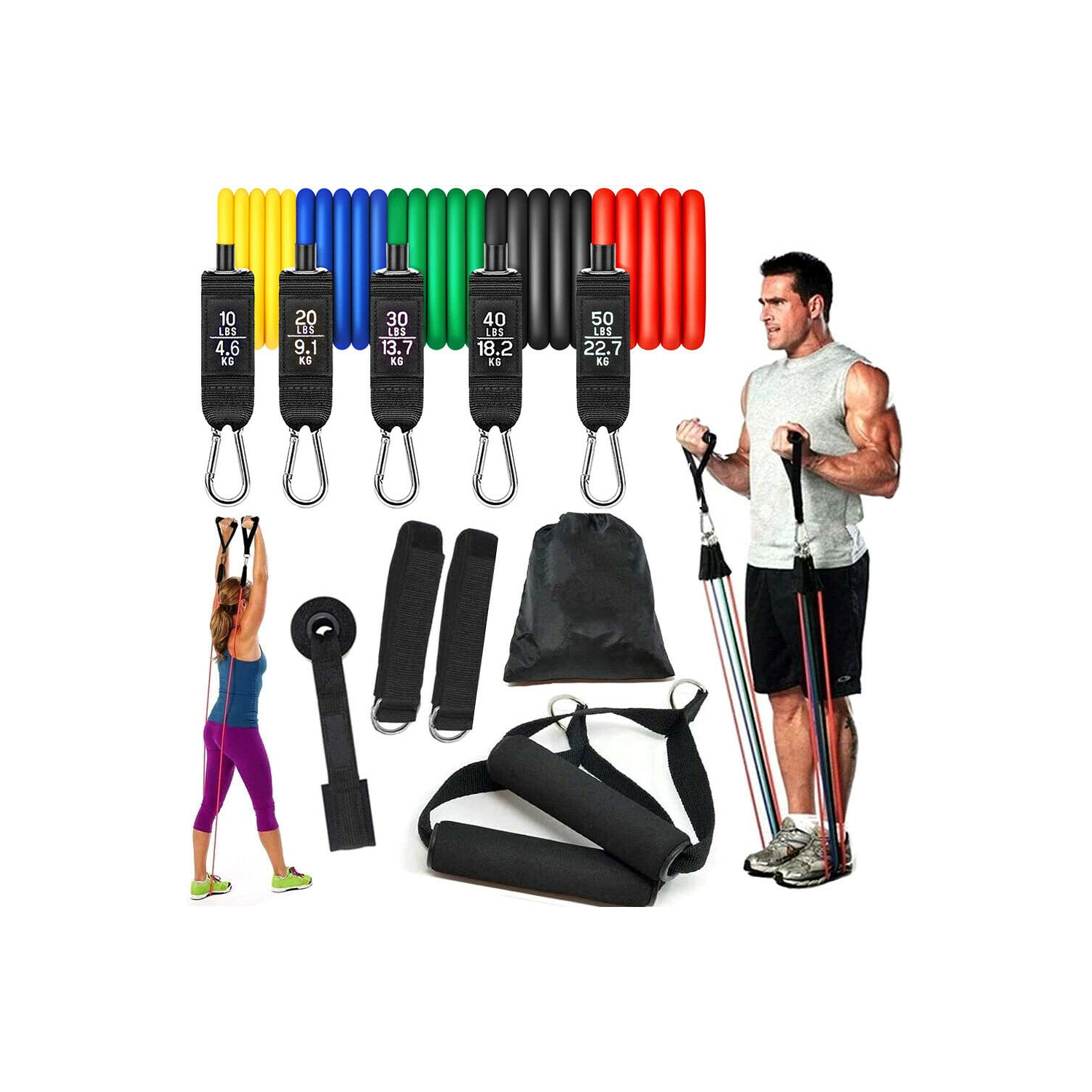 Paquet de 11 bandes d’exercice empilables jusqu’à 150 lb avec ancrages de porte et poignées pour la mise en forme