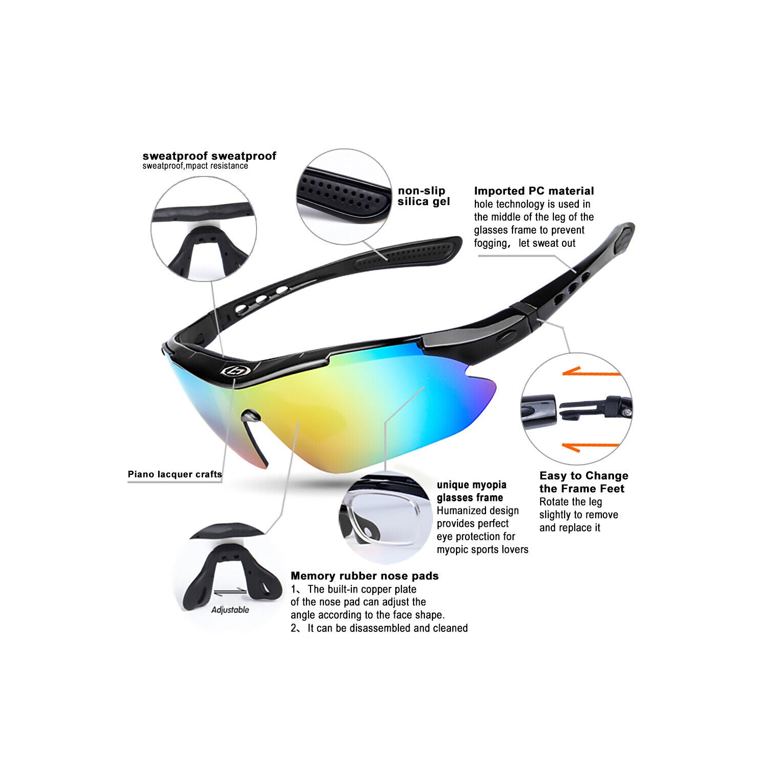 Sports Glasses with 5 Interchangeable HD Lenses-Anti Explosion,Scratch Resistant