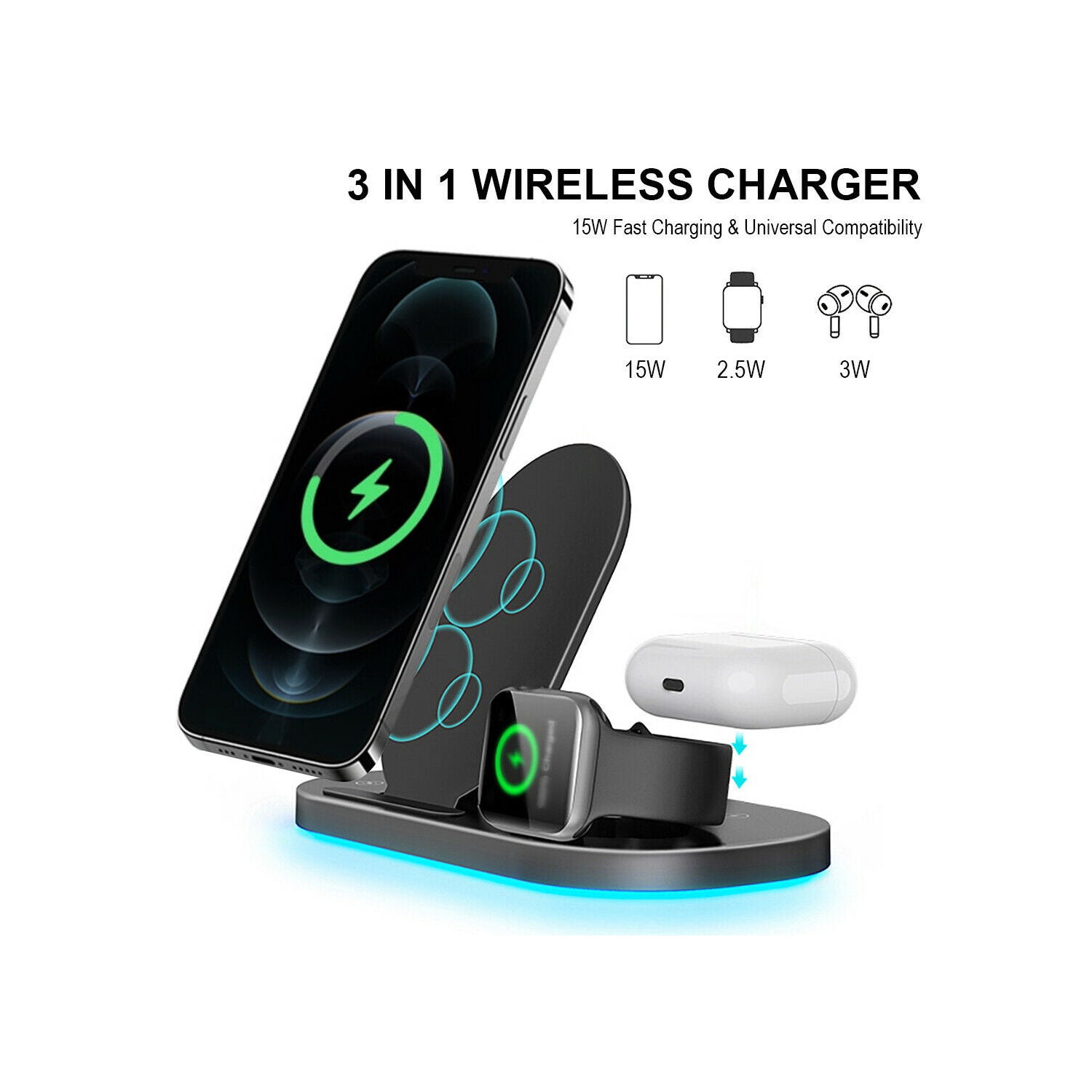3 IN 1 Wireless Charging Station Qi 15W for iPhone 12/11/Xs/XR/8,iWatch SE/6/5/4