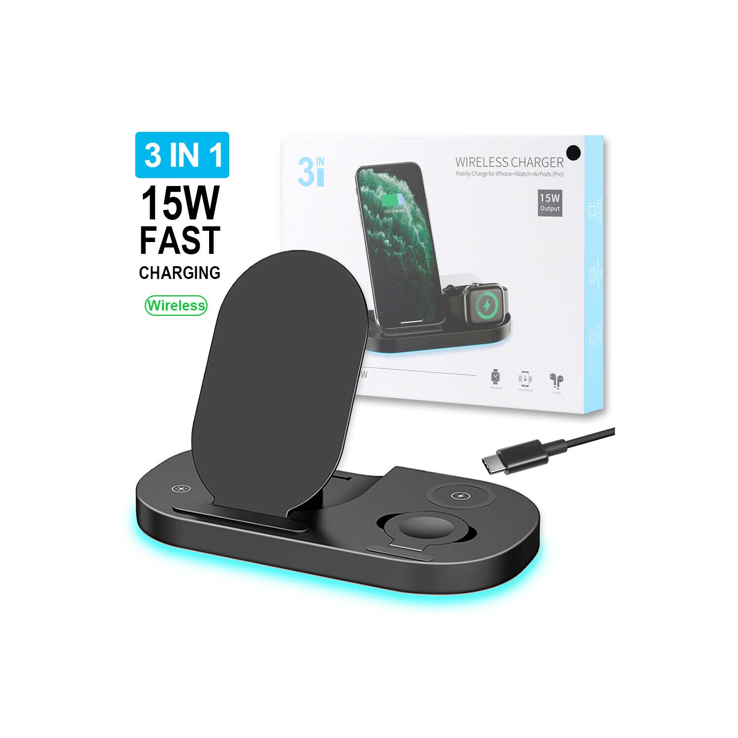 3 IN 1 Wireless Charging Station Qi 15W for iPhone 12/11/Xs/XR/8,iWatch SE/6/5/4