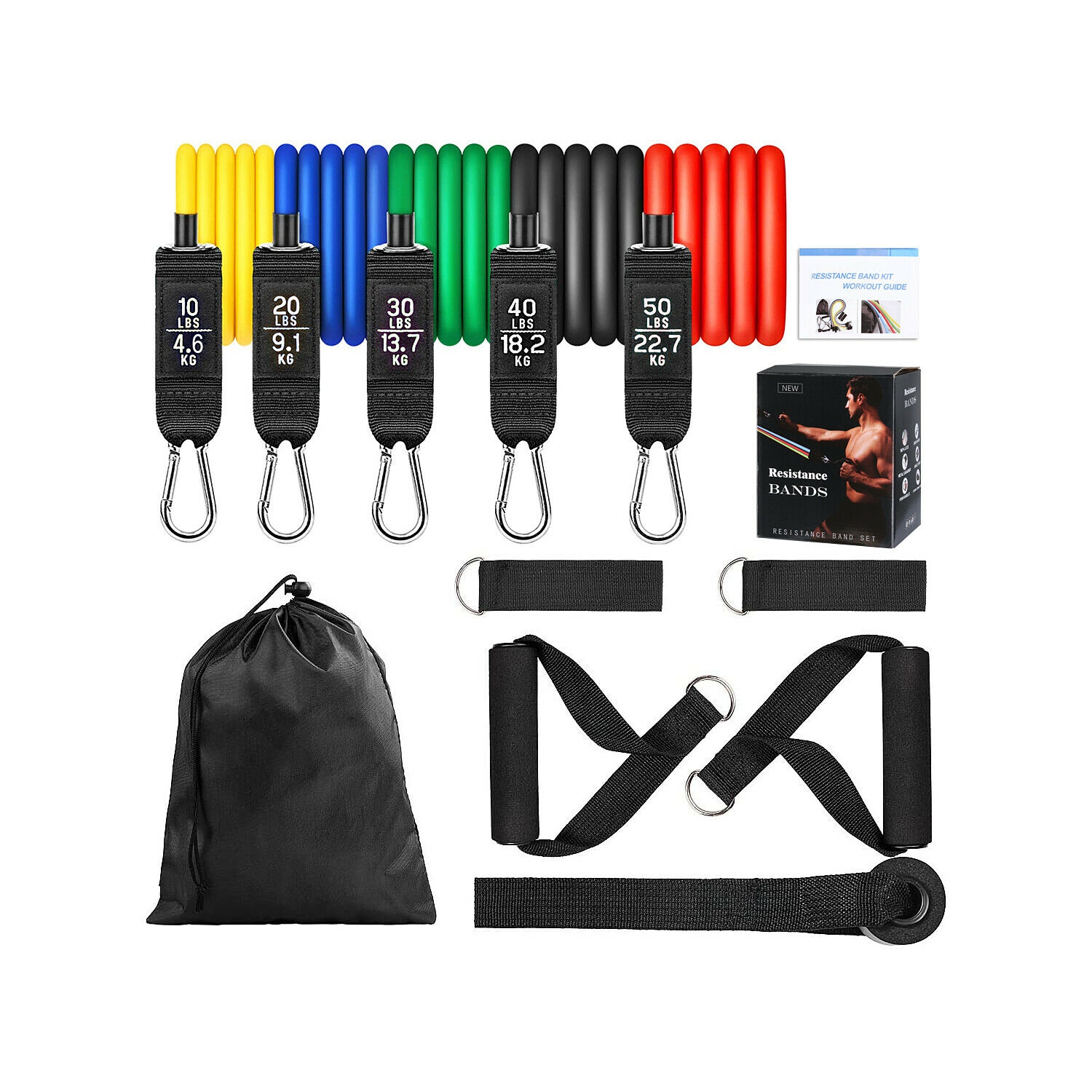 Bandes d’exercice portatives avec dispositif d’ancrage de porte, poignées, sac de transport, sangles de chevilles pour les jambes