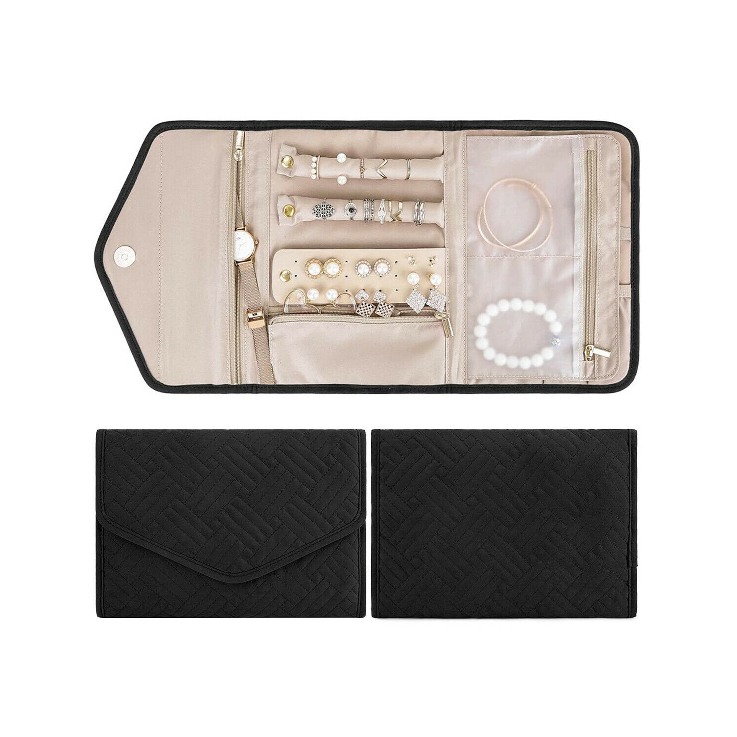 Sac à bijoux pliable léger avec pochettes à fermeture à glissière et fermeture magnétique
