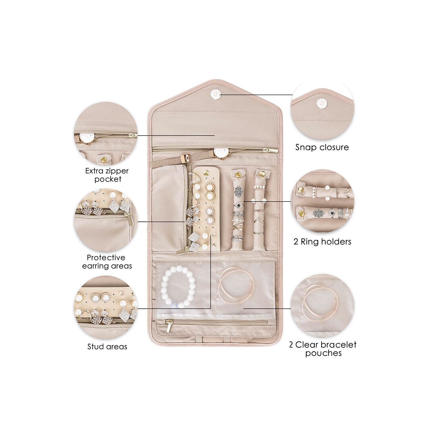 Sac à bijoux pliable léger avec pochettes à fermeture à glissière et fermeture magnétique